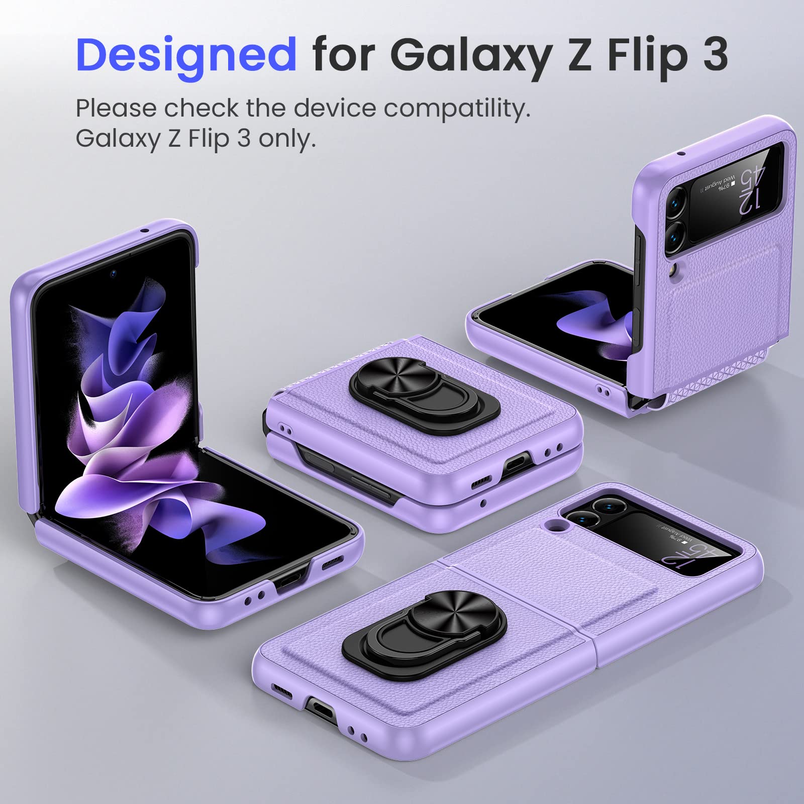 Vego For Galaxy Z Flip 3 Ring Stand Case, Z Flip 3 All Inclusive Cover Case With Hinge Protection And Glass Camera Lens Screen P