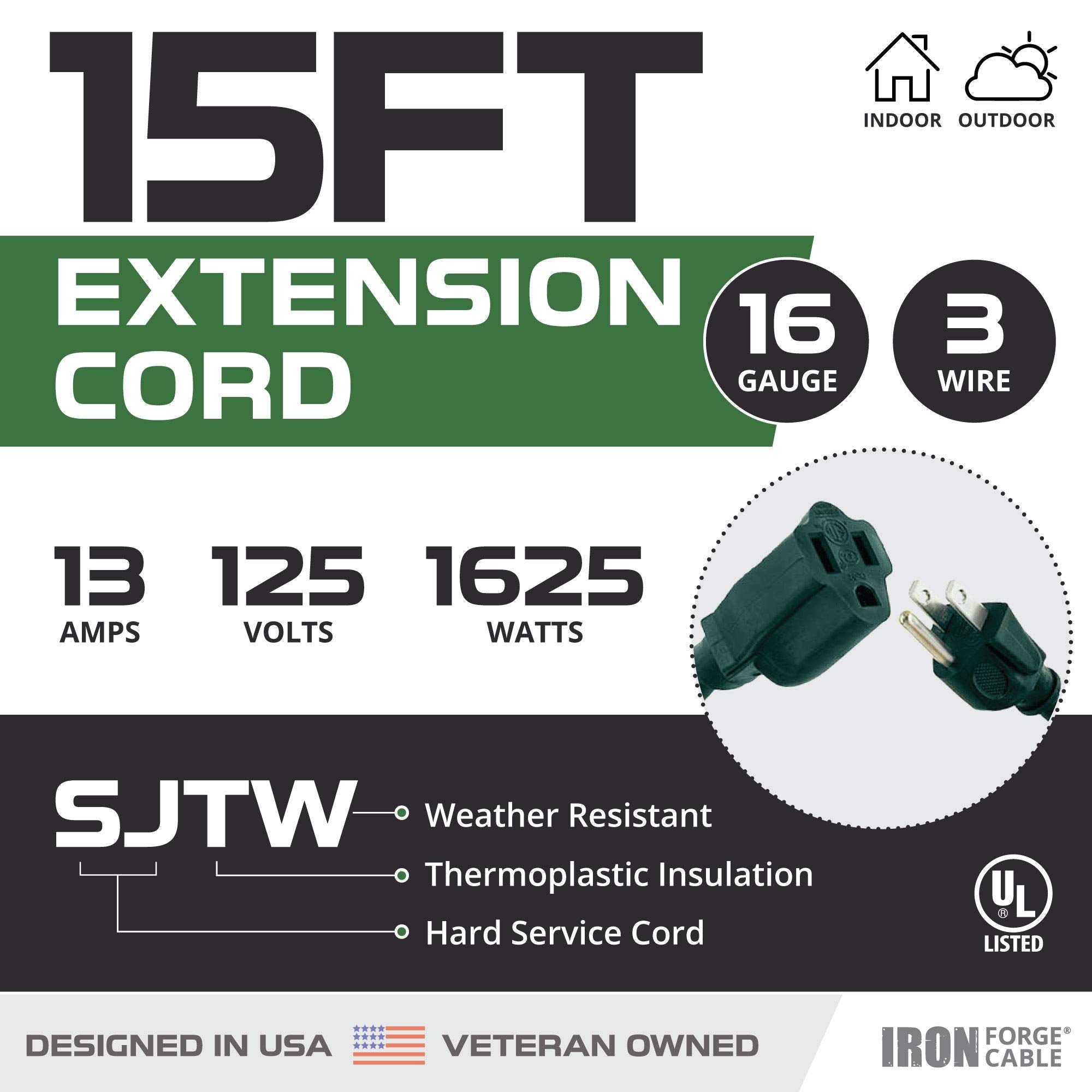 15 Foot Outdoor Extension Cord   16/3 Sjtw Durable Green Extension Cable With 3 Prong Grounded Plug For Safety