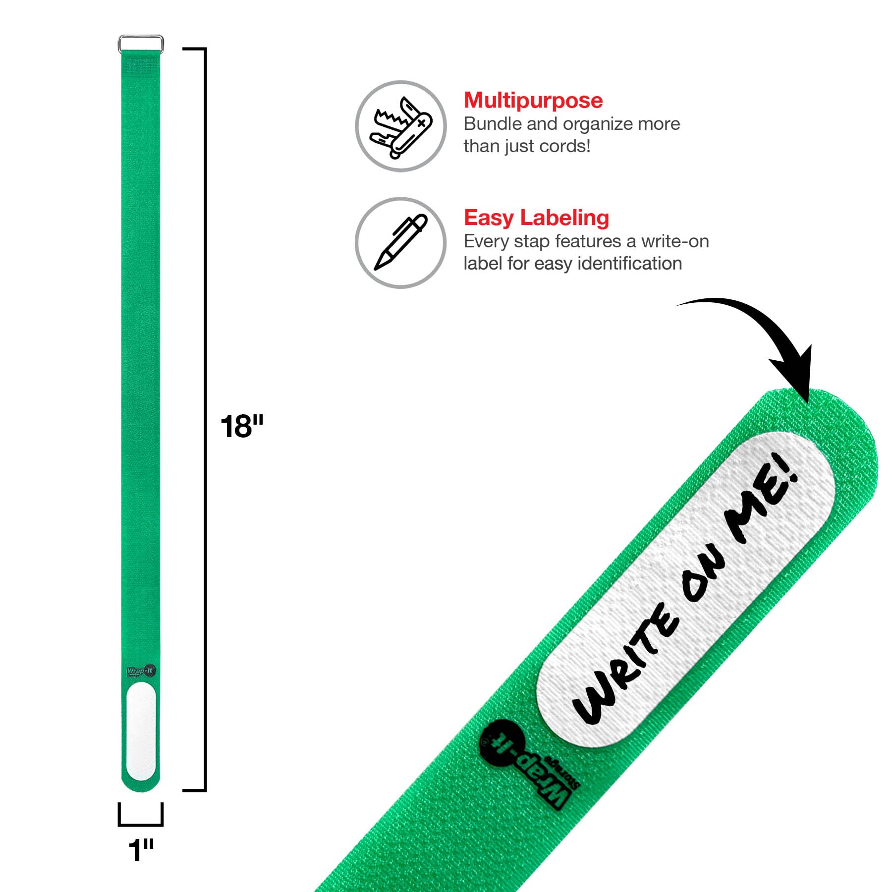 Wrap It Storage Cinch Straps, 18'' 12 Pack (Green), Features Buckle And Write On Label For Easy Cord Identification And Cable Ma
