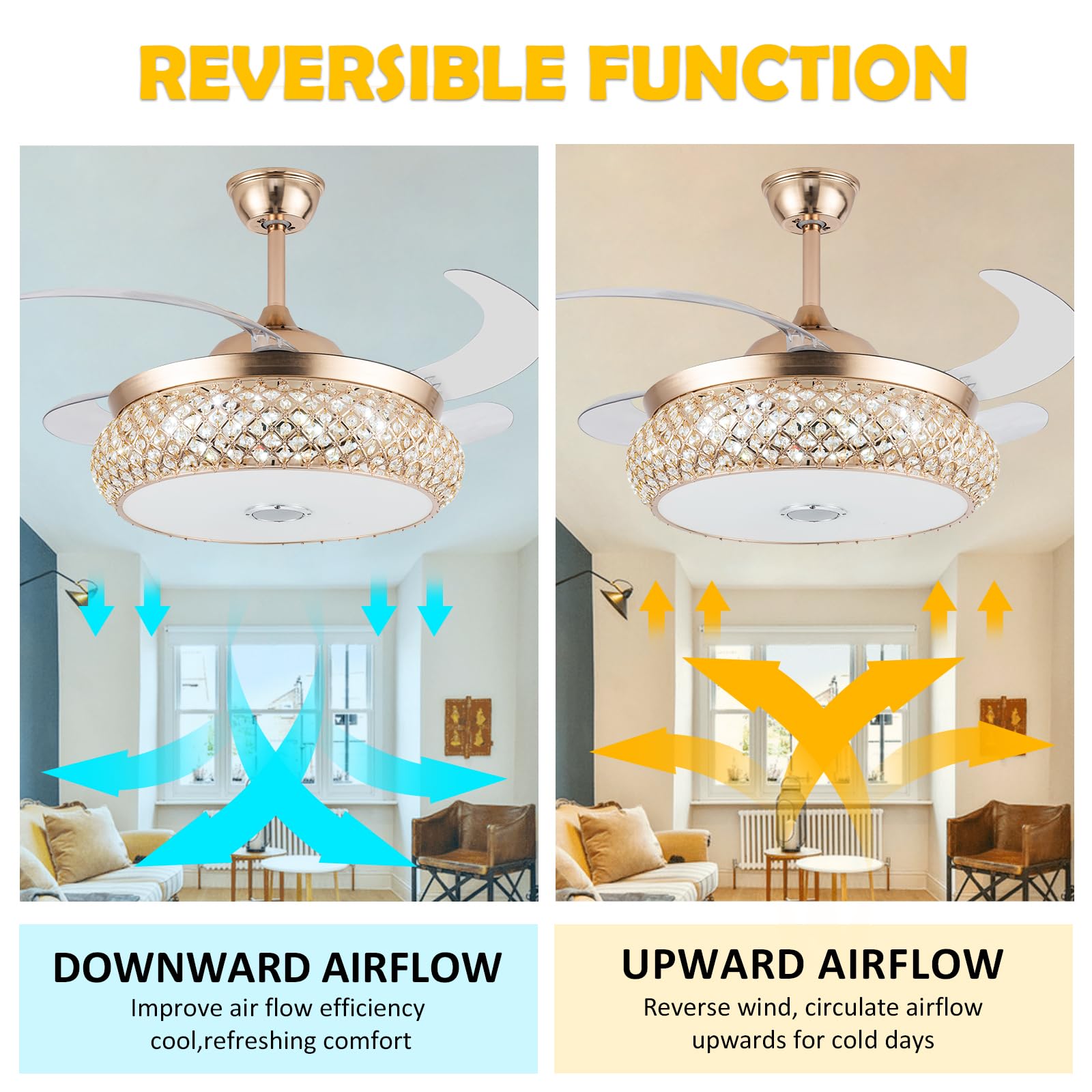 42 Inch Retractable Invisible Ceiling Fan With Light And Bluetooth Speaker, Modern Bluetooth Fan Chandelier With Remote Control