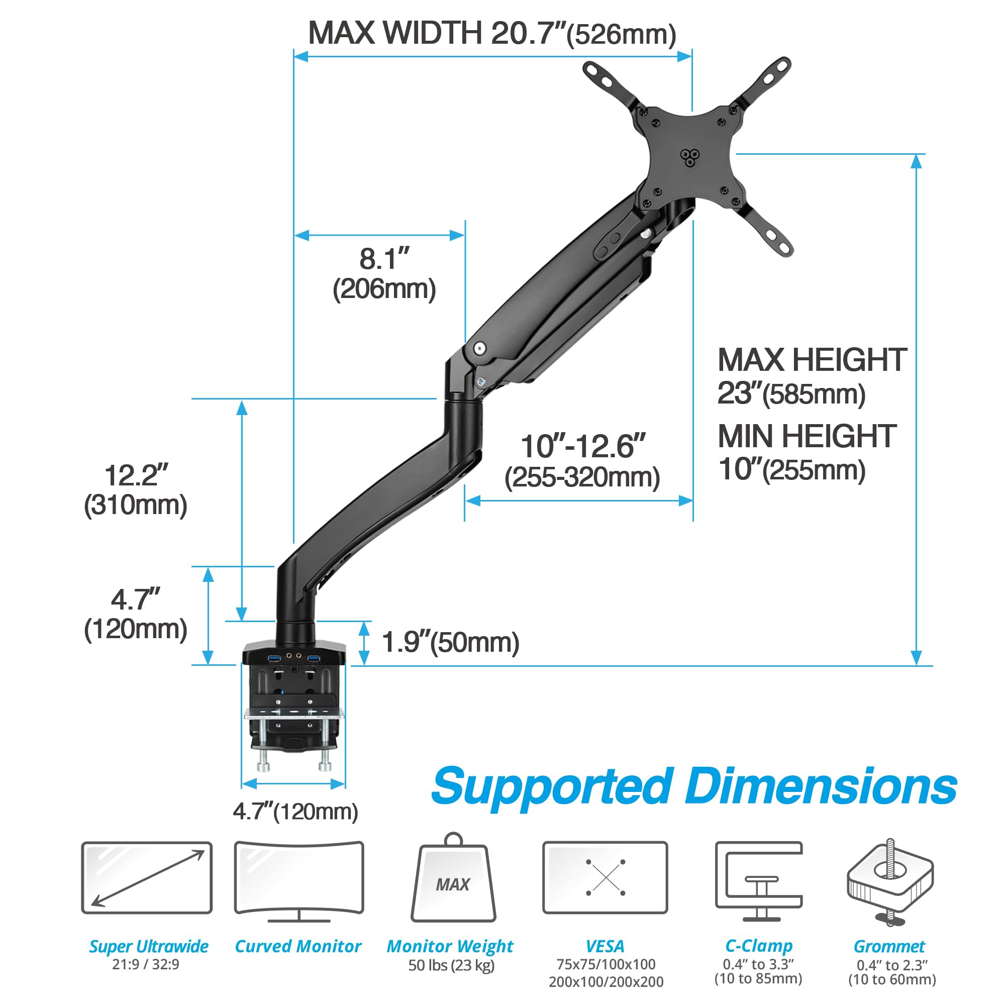 Avlt Single 17'' 49'' Super Ultrawide Monitor Arm For Screens Up To 50 Lbs, Premium Aluminum Desk Stand, Adjustable Pneumatic He