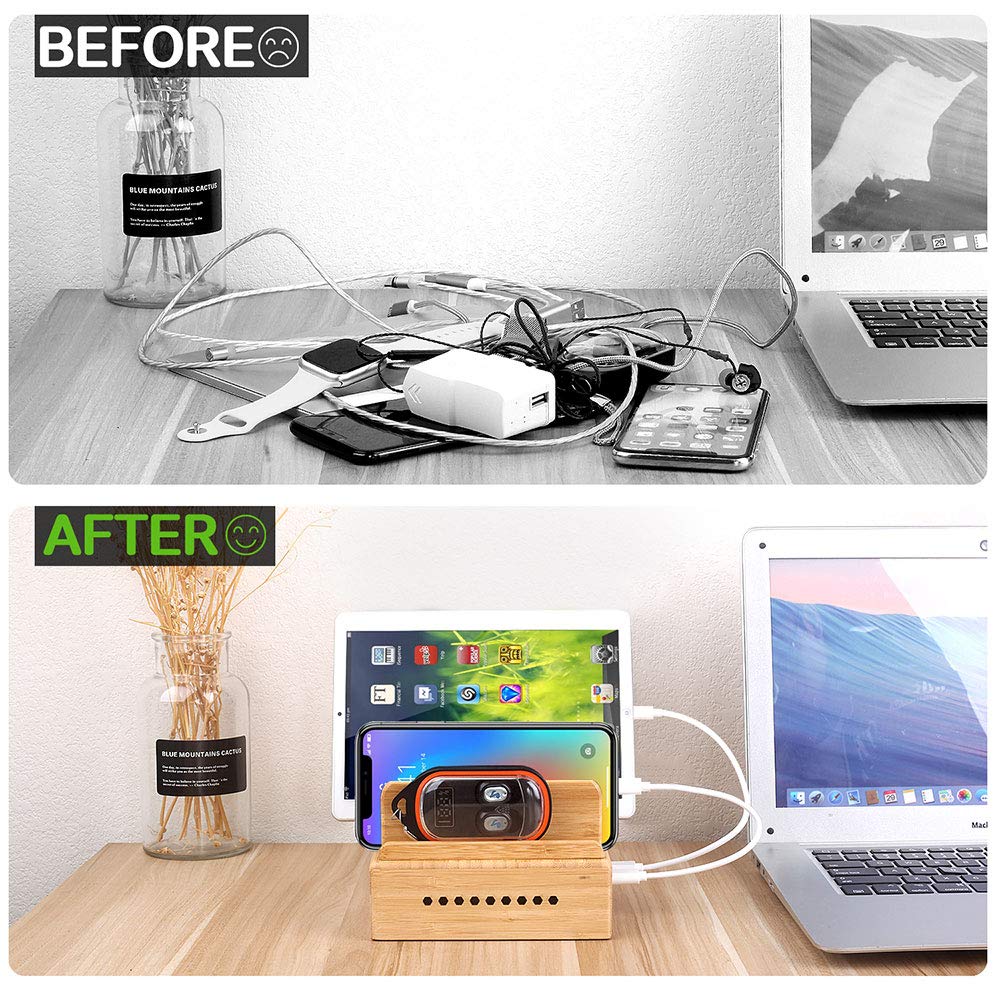 Othoking Bamboo Charging Station, Wood Charging Station For Multiple Devices With 5 Ports Usb Charger Docking Station For Iphone