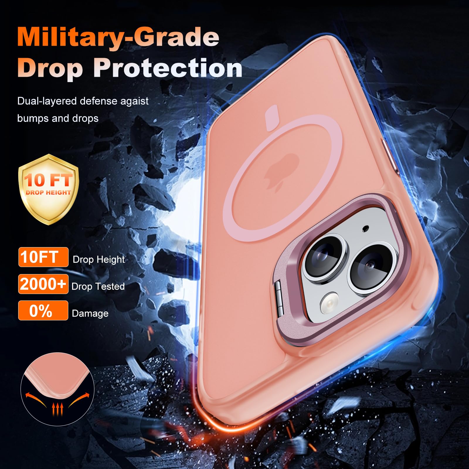 Jame Magnetic For Iphone 13 Case & Iphone 14 Case, [Built In Lens Ring Stand] [Military Grade Protection] Slim Translucent Matte