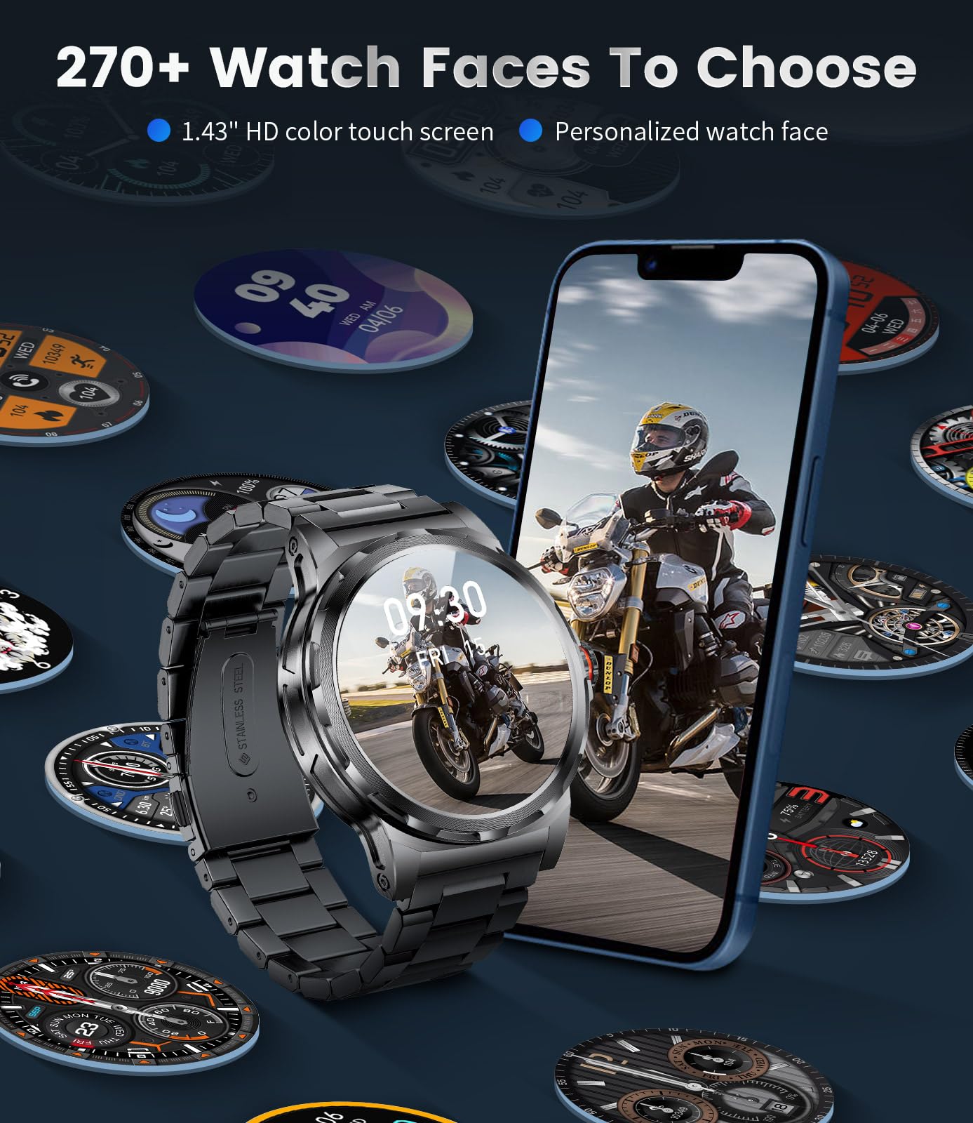 Lige Military Smart Watch For Men(Answer/Make Call),1.43''Hd Amoled Rugged Smartwatch For Iphone Android Phone,Fitness Watch,Bla