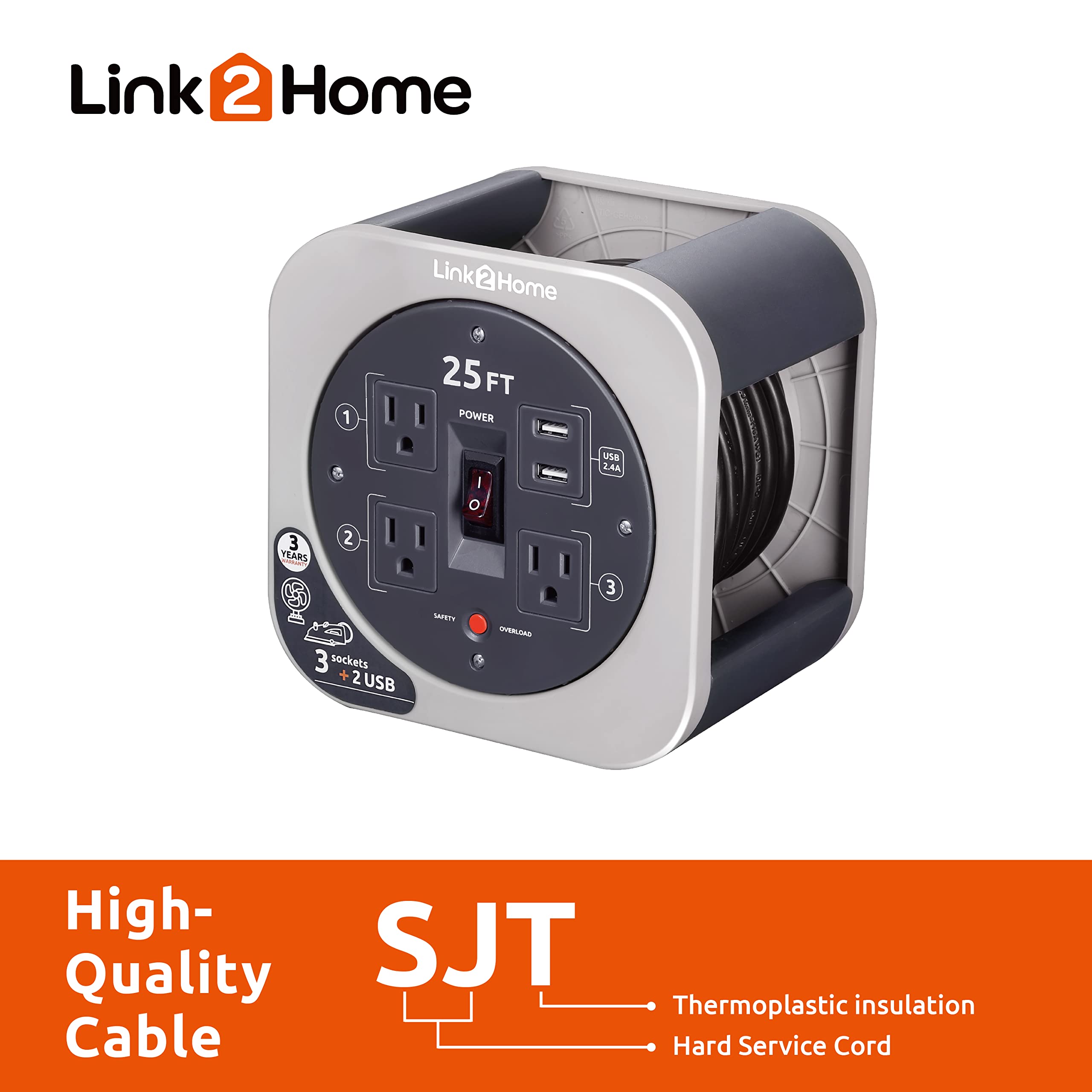 Link2Home 25 Ft. 16/3 Extension Cord Storage Reel With 3 Grounded Outlets 2 Usb 3.4 Amp And Overload Reset Button Em-El-275G