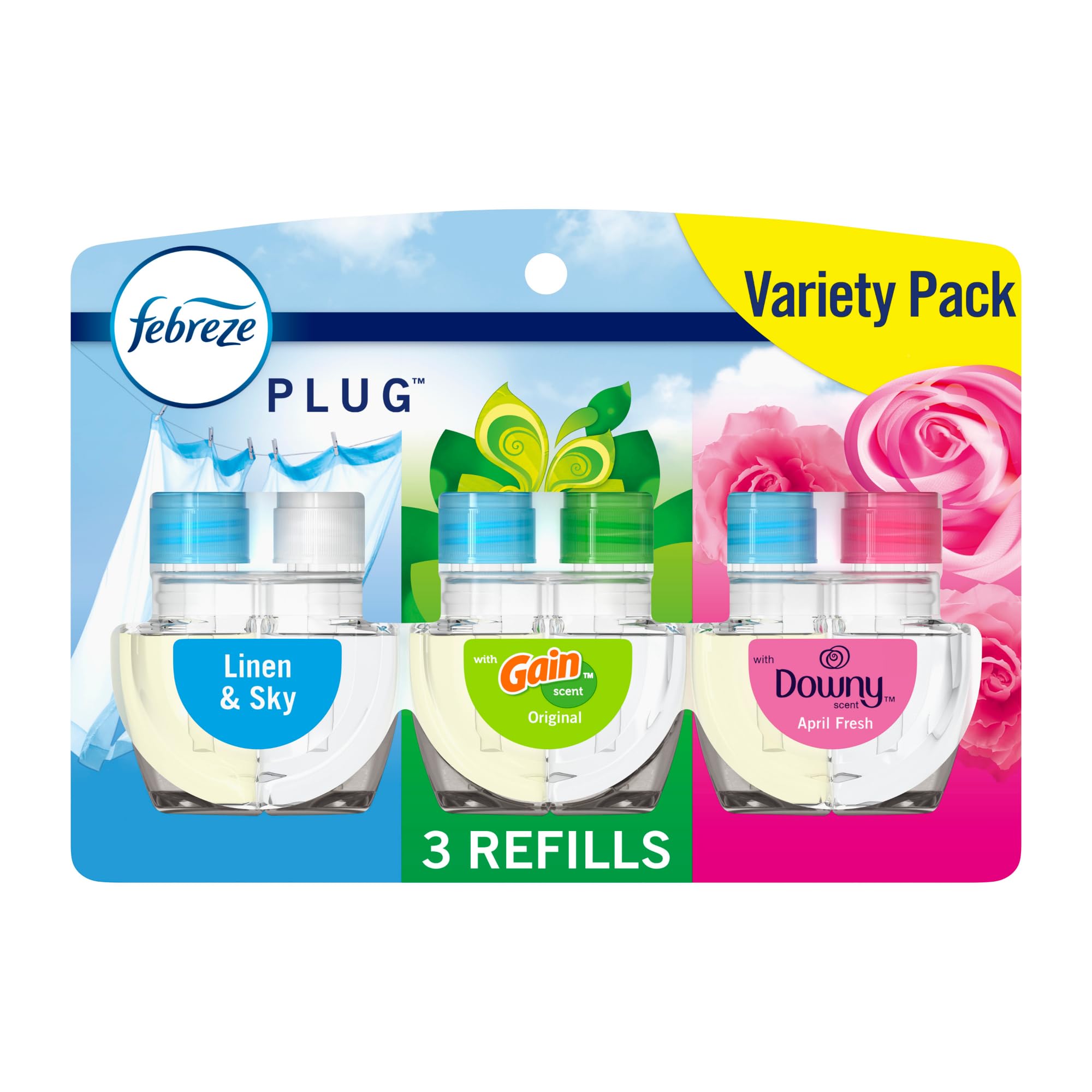 Febreze Odor Fighting Fade Defy Plug Air Freshener, Downy April Fresh, Gain Original, Linen & Sky, (3) .87 Fl. Oz. Oil Refills