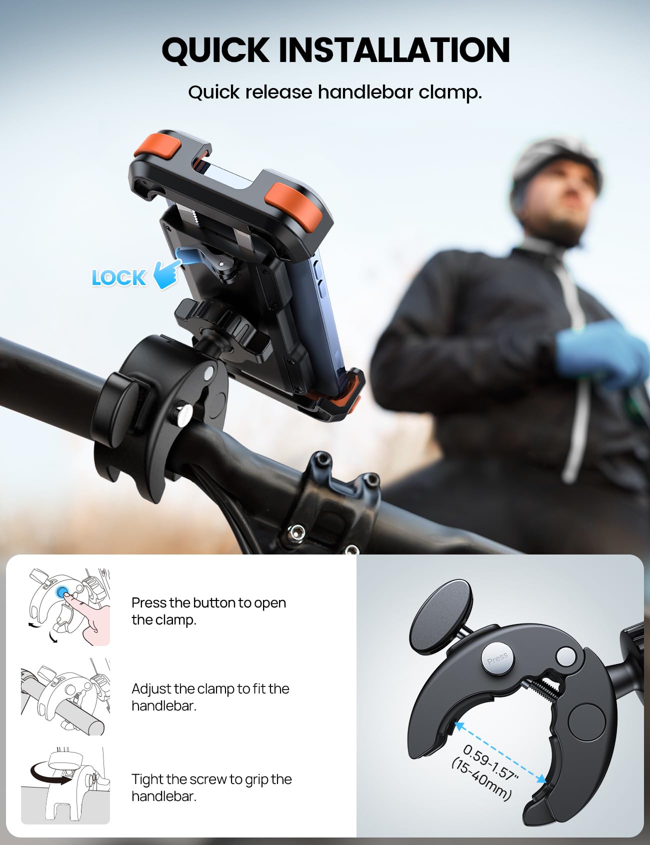 Lamicall Motorcycle Phone Mount, Bike Phone Holder   Upgrade Quick Install Handlebar Clip For Bicycle Scooter, Cell Phone Clamp