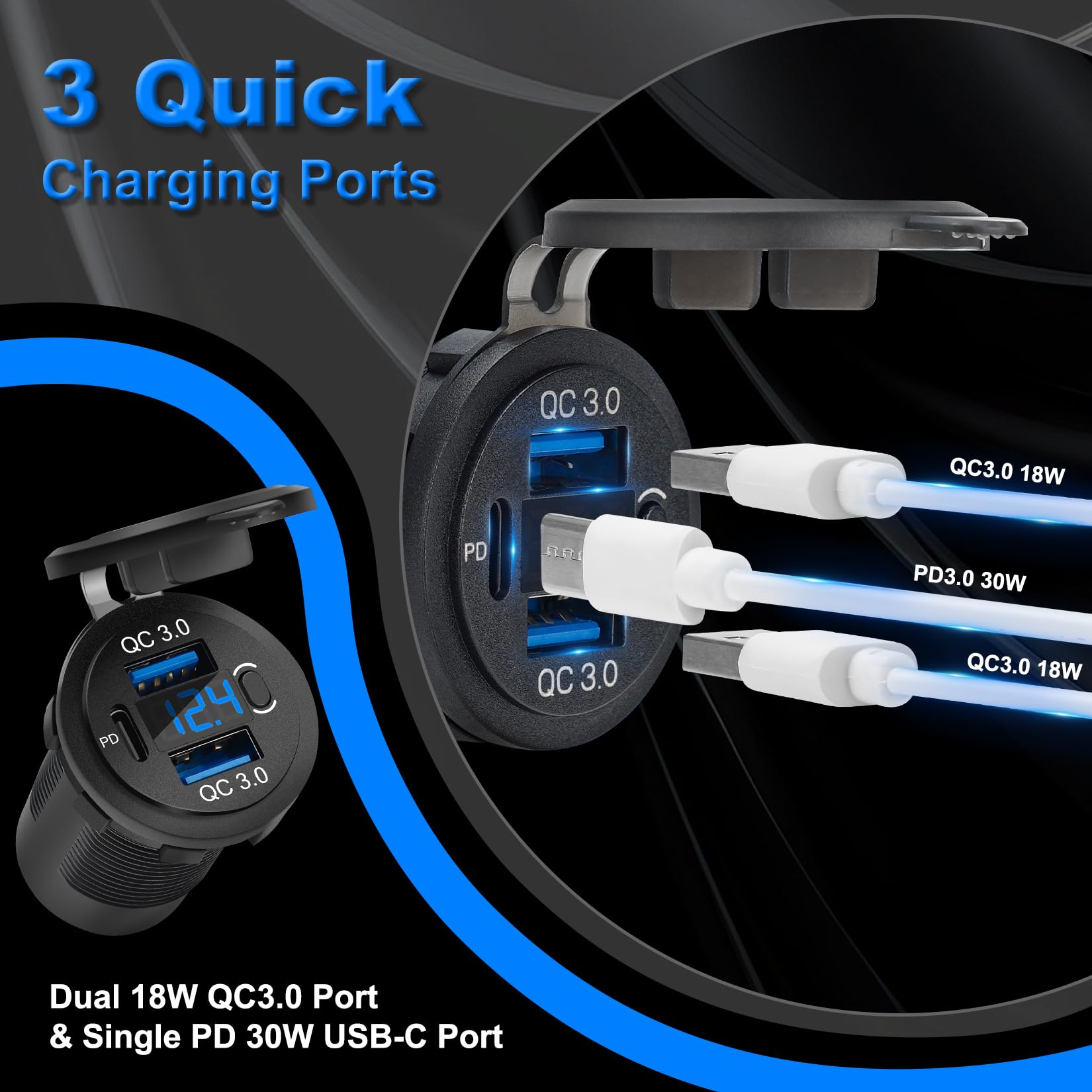 Risornda Dual Qc3.0 18W & Pd 30W Quick Charging Port, Usb C Car Charger Socket With Voltmeter, 12V Usb Outlet Waterproof For Mar