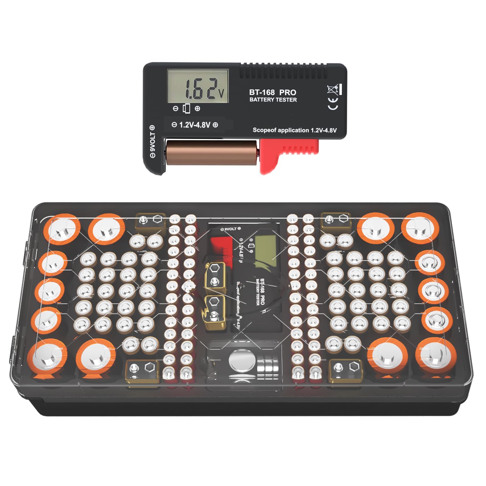 Battery Organizer Storage Case with Tester, Stores & Protects Up to 136 Batteries, Holds AAA AA C D 9V Button Cell with Clear Lo