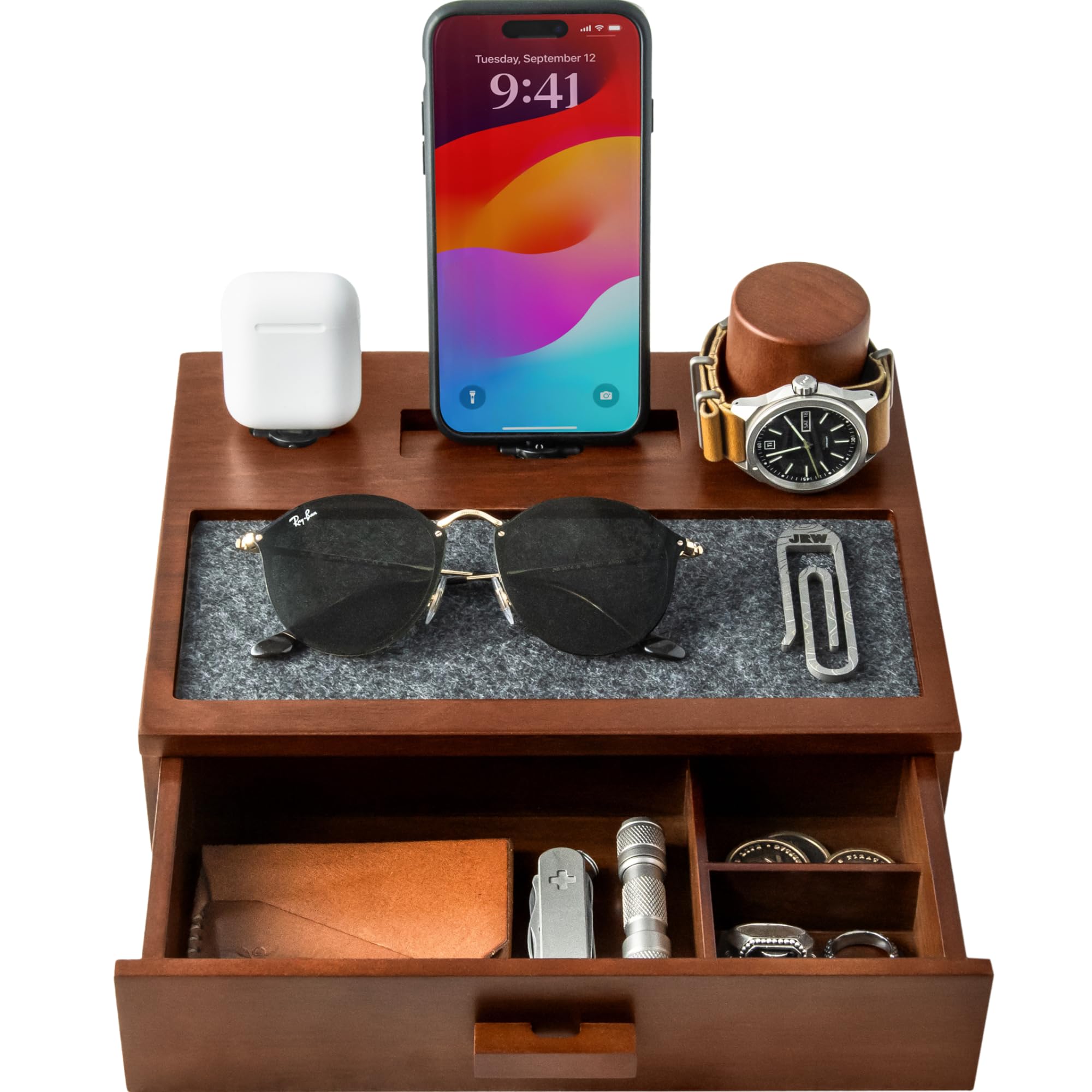 Holme & Hadfield Premium Wooden Phone Docking Station with Drawer - Nightstand Organizer for Charging Phone & Earbuds - Declutte