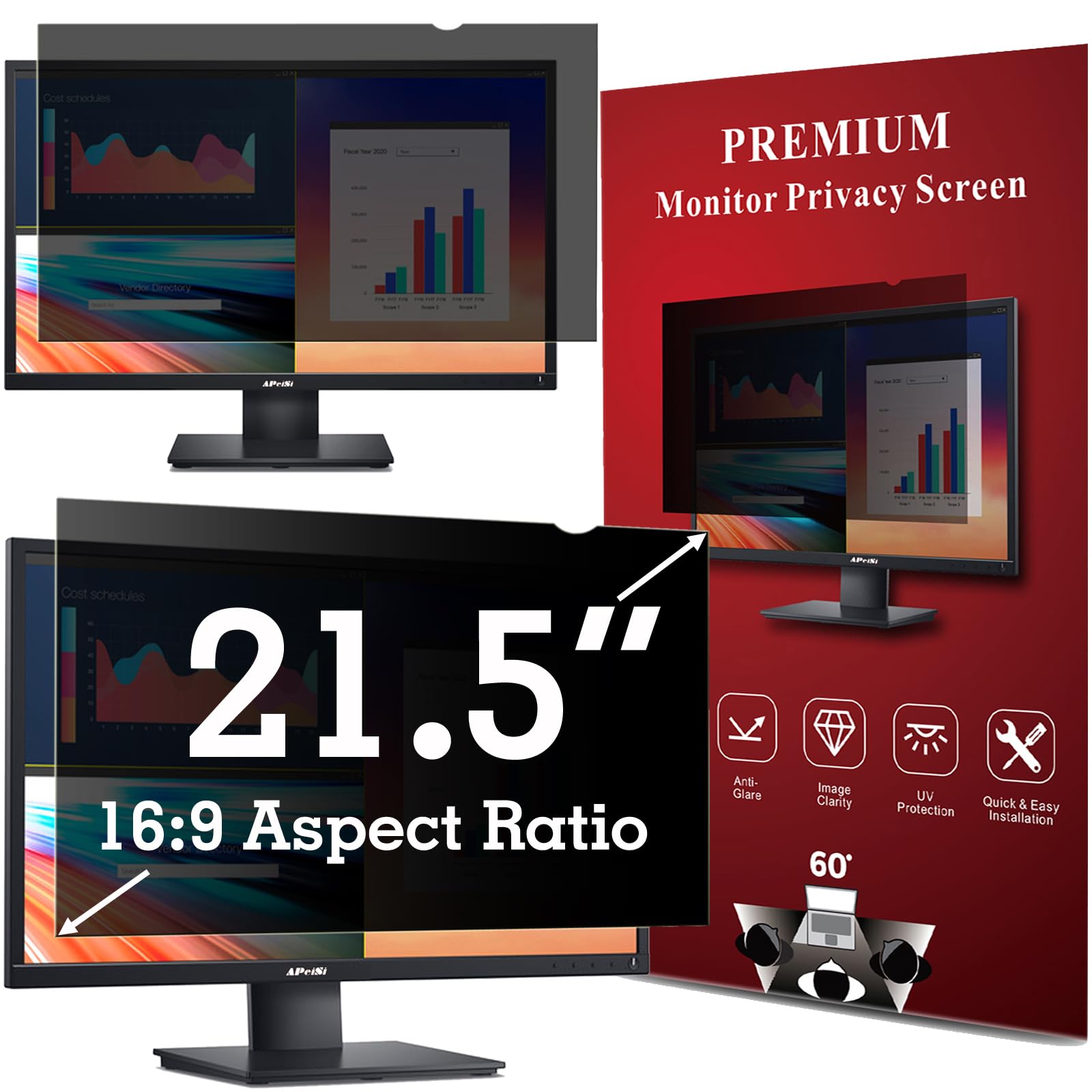 Apeisi 21.5 Inch Privacy Screen Filter For Computer Widescreen 16:9 Monitor   Privacy Shield,Anti Glare And Anti Blue Light Scre