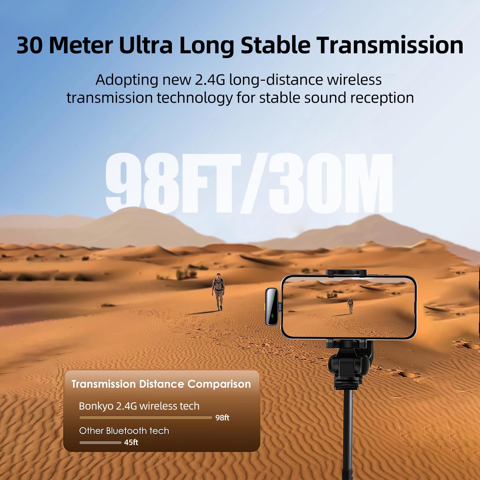 Bonkyo 3 In 1 Wireless Lavalier Microphone For Iphone & Android - Mini Video Recording Mic, Ultimate Noise Cancellation, Extende