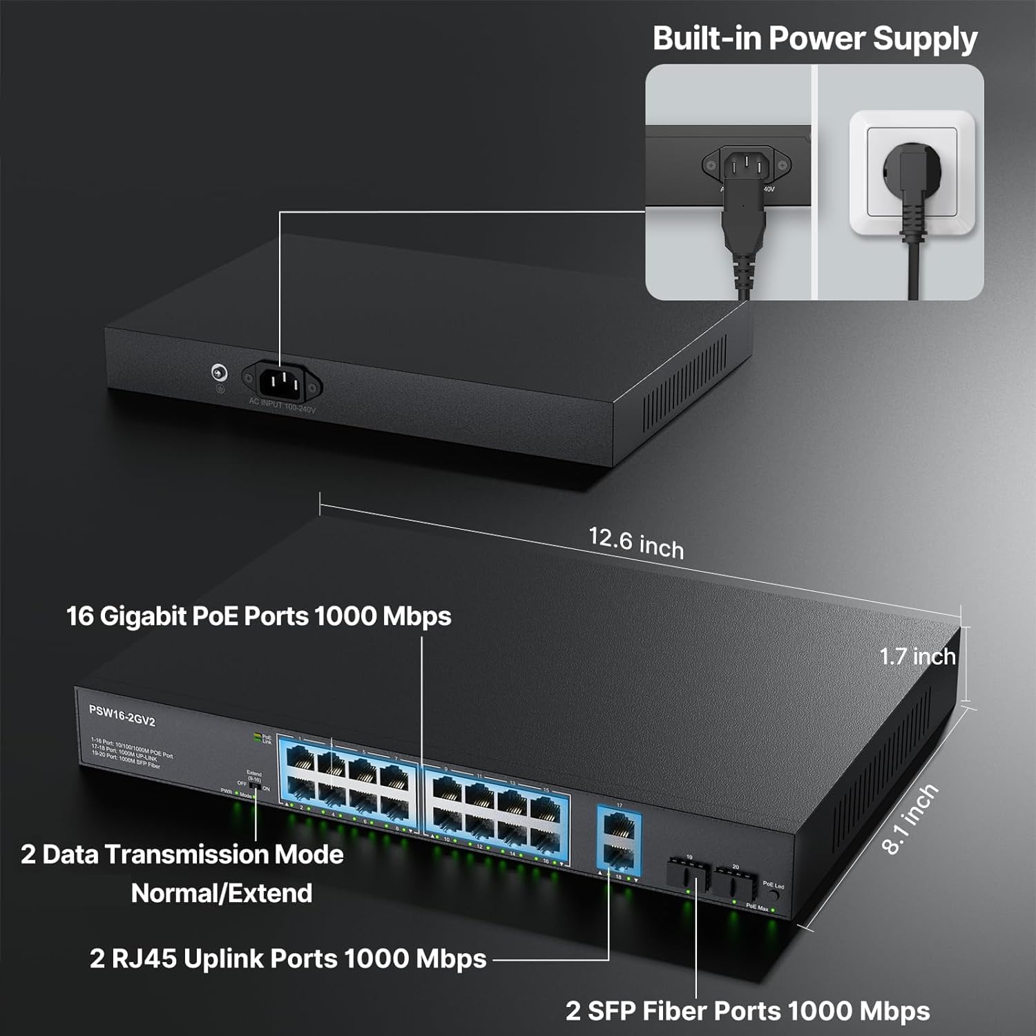 Real Hd 16 Port Full Gigabit Poe Switch With 2 Gigabit Uplink Sfp Ports, Unmanaged Plug And Play, High Power Total Budget 300W,