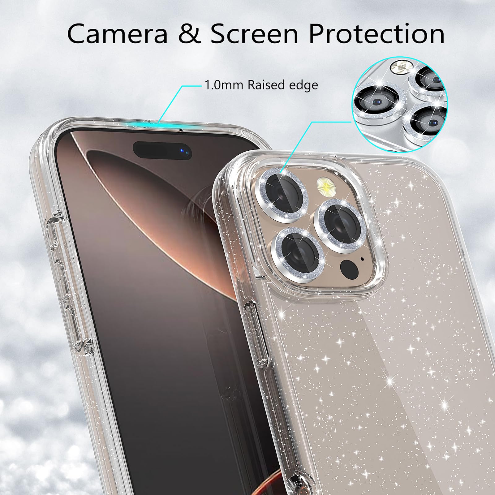 Jasmeas For Iphone 16 Pro Max Case Clear Glitter, With [2 Pack] Screen Protector & [3 Pack] Camera Lens Protector Sparkle Pc Har