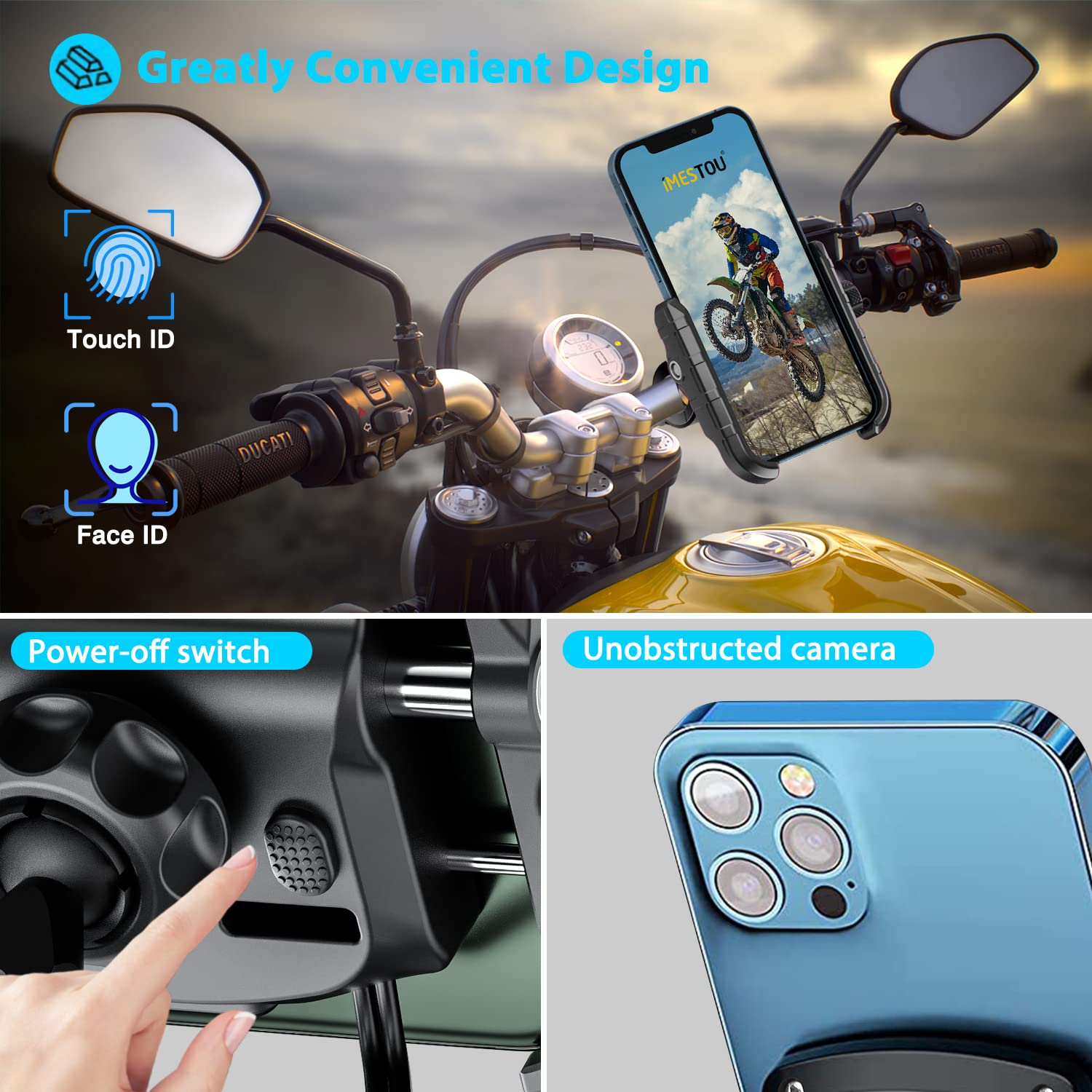 Imestou Motorcycle Phone Mount Usb Charger Handlebar/Rear View Mirror Cellphone Holder Aluminum With 17Mm Ball Works With 12/24V