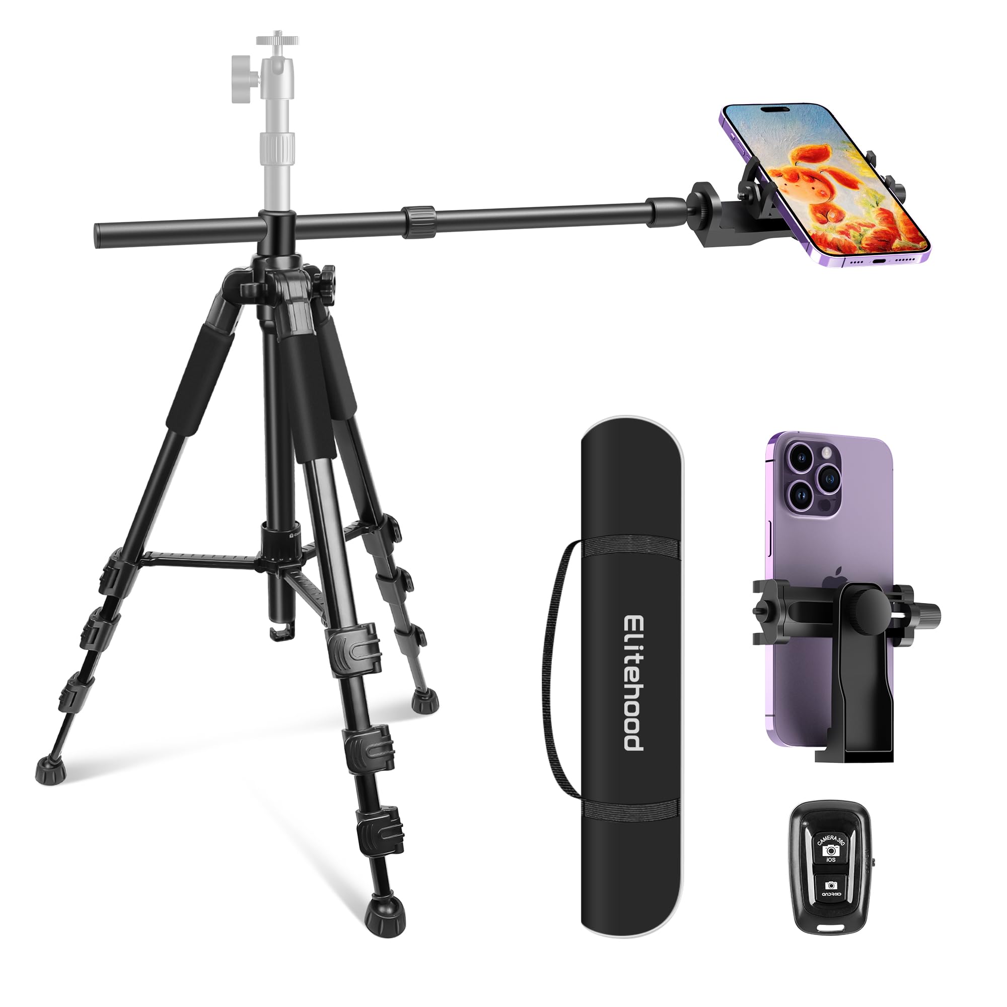 Elitehood Ultra-Stable Overhead Tripod For Iphone - Heavy Duty Aluminum Iphone Tripod Stand, 360Adjustable & 25In Horizontal Lon