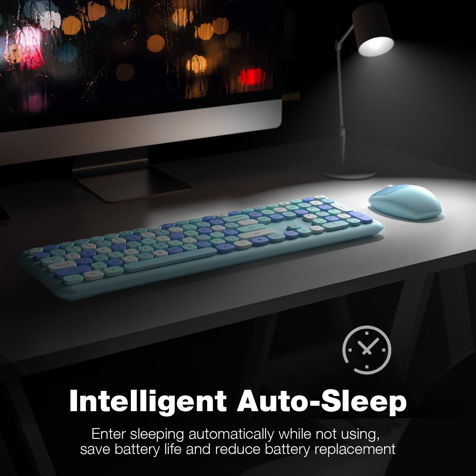 Knowsqt Wireless Keyboard And Mouse Combo, Pale Blue Full Sized 2.4G Silent Keycap Colorful Keyboards, Usb Dongle Plug Play, Lap