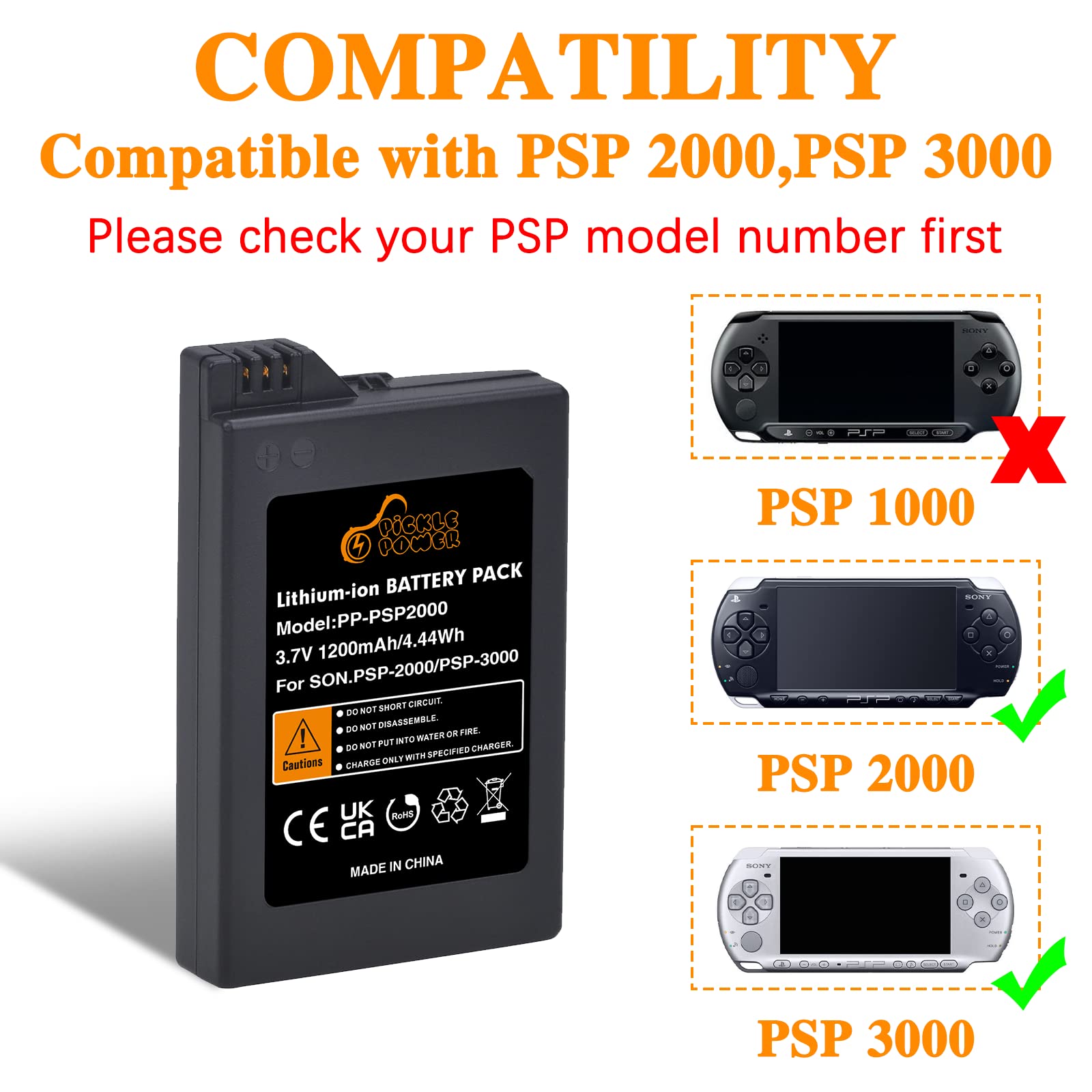 Pickle Power Psp 3000/2000 Battery With Psp Charger Cable For Psp 3000 / Psp Slim 2000 Psp S110,Psp 3001, Psp 3000, Psp 3002, Ps