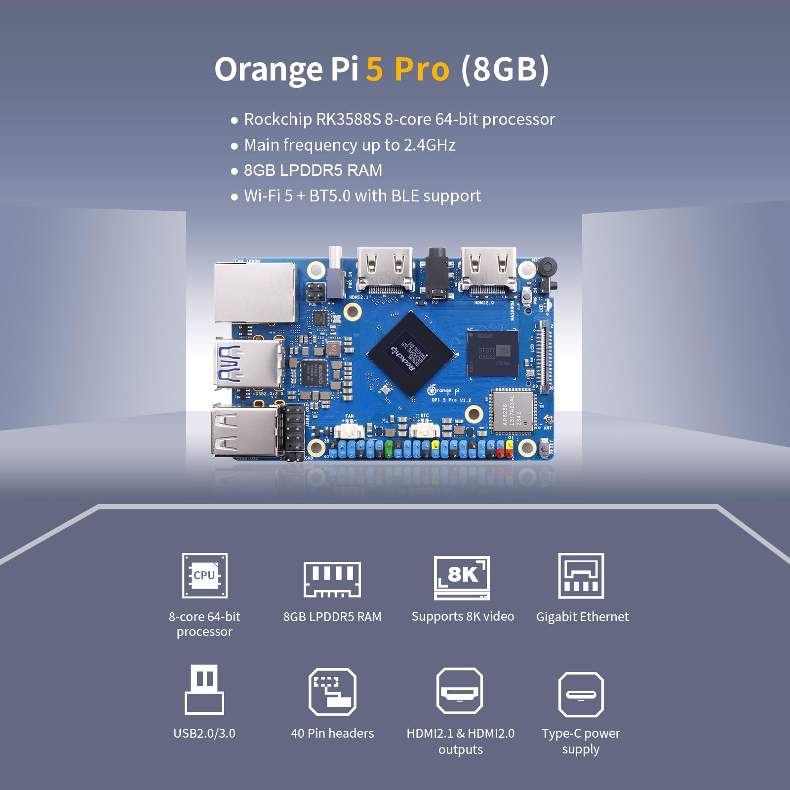 Generic Orange Pi 5 Pro 8Gb Lpddr5 8 Core 64 Bit Rk3588S Single Board Computer, 8K Video Decoding 2.4Ghz Frequency Wifi Bluetoot