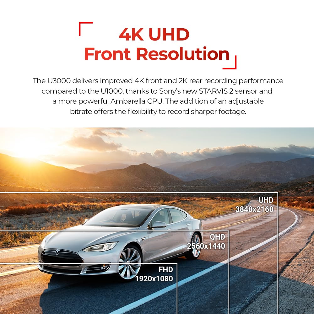 Thinkware U3000 2Ch 4K Front Dash Cam, 2K Rear Cam, Starvis 2 Sensor Night Vision, Car Camera 5Ghz Wi-Fi Gps Radar Buffered Park