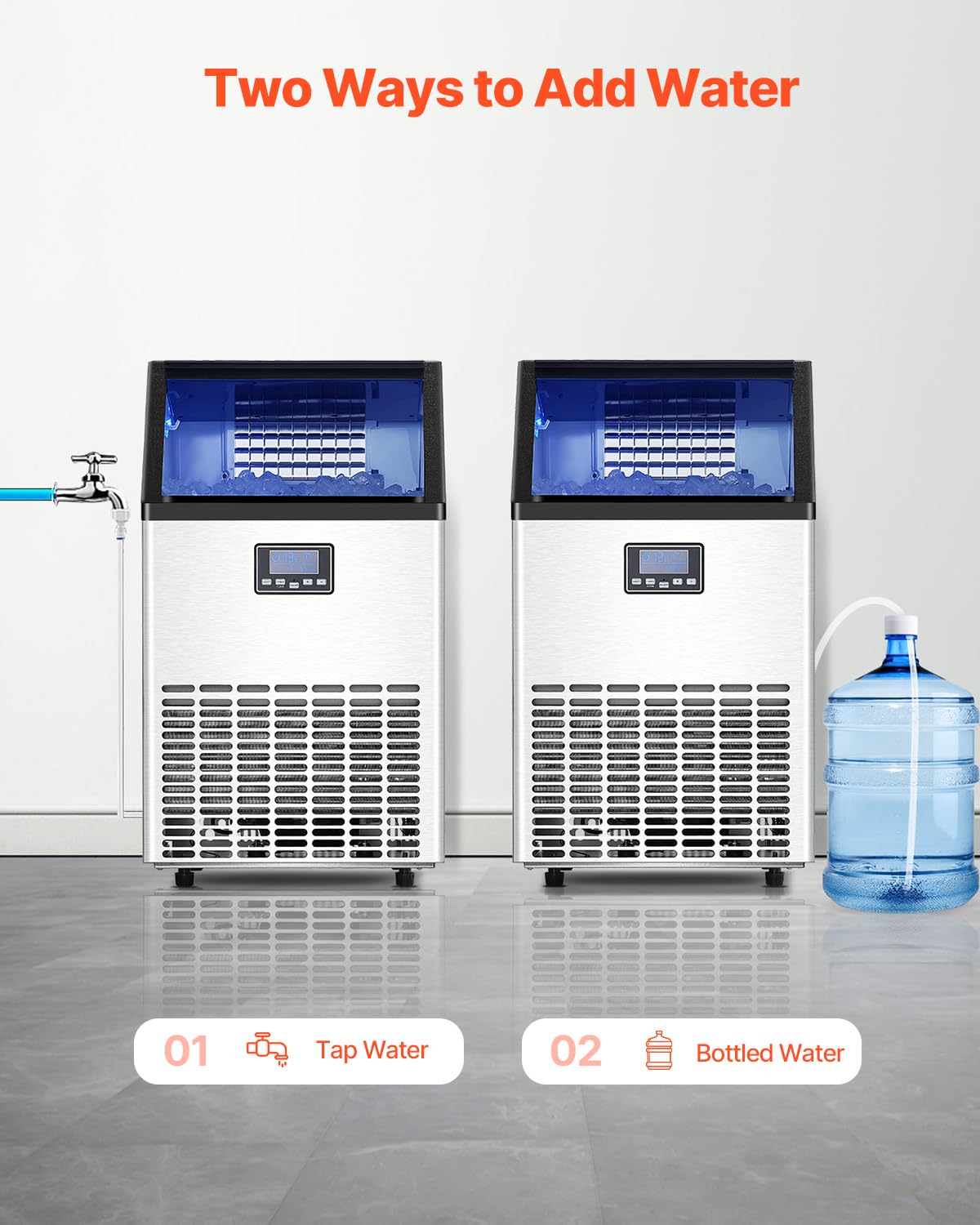 Vevor 150Lbs/24H Commercial Ice Maker Machine With 2 Water Inlets, 45 Ice Cubes In 15 Minutes, With 33Lbs Large Storage Capacity