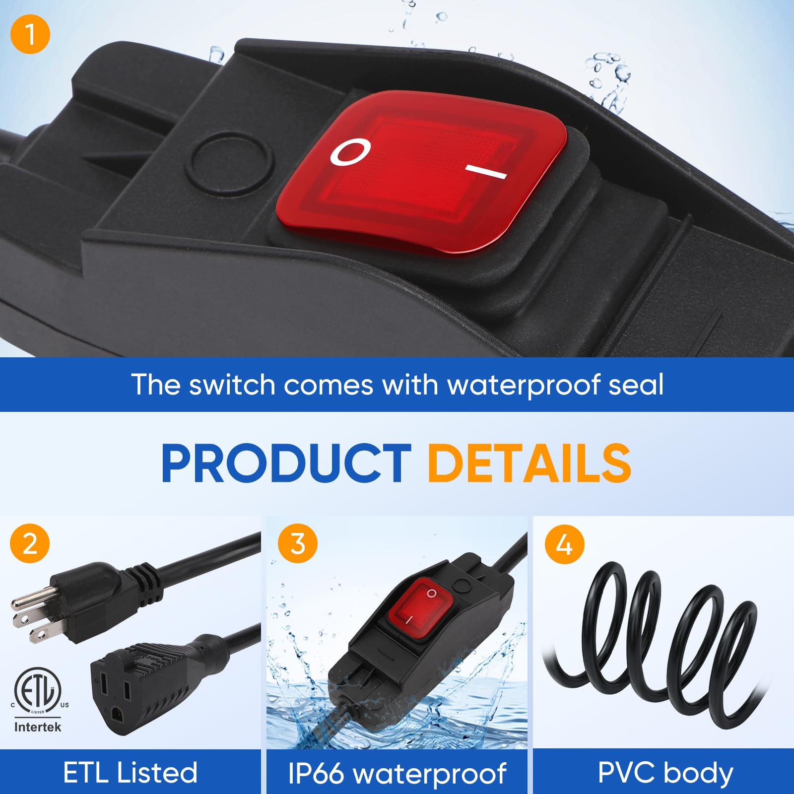 Outdoor Extension Cord With On/Off Waterproof Switch, 15A 125V Grounded 3 Prong Plug, Heavy Duty 1875W Short Outdoor Extension C