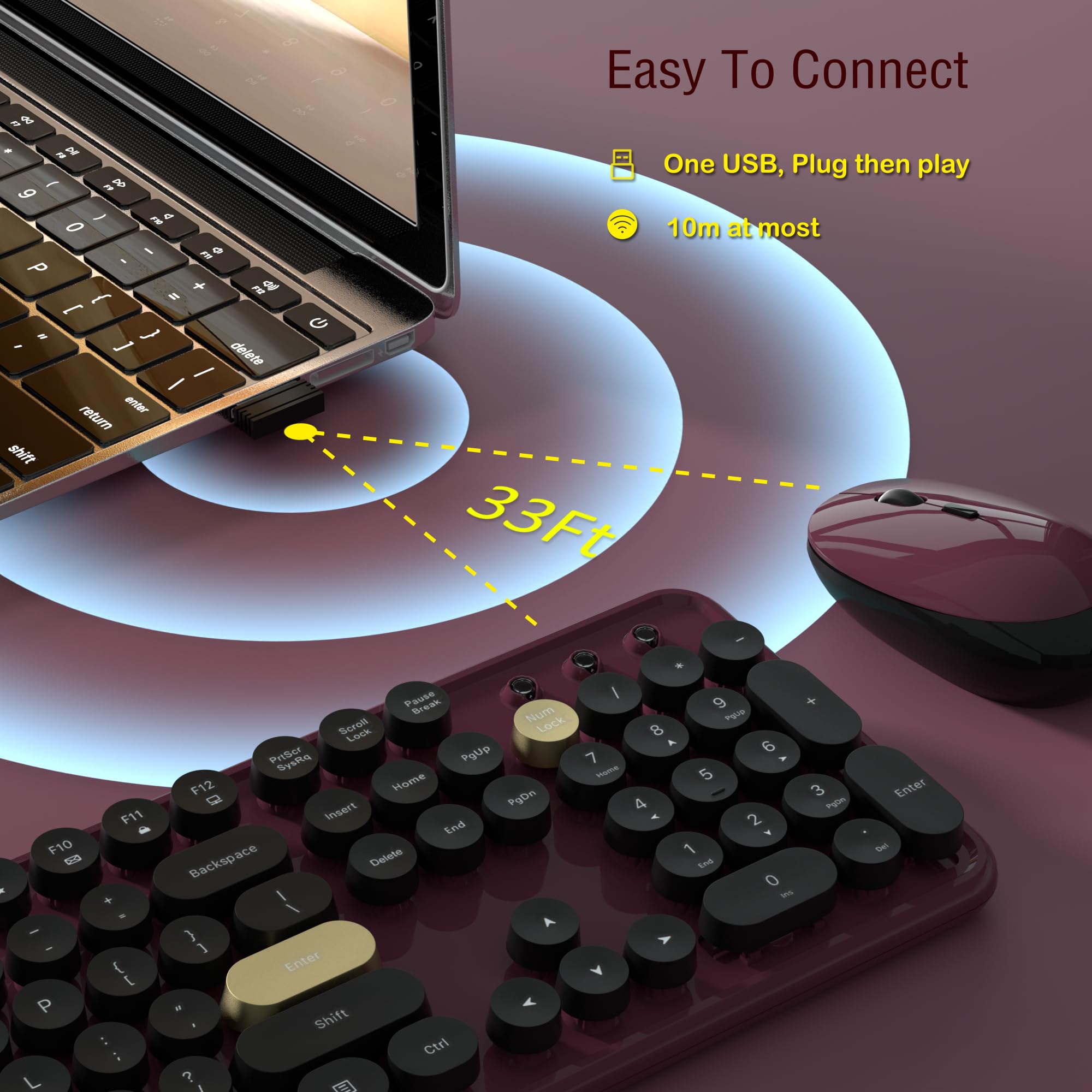 Wireless Keyboard And Mouse Combos, Retro Keyboard And Mouse Wireless Full Size, 2.4Ghz Connection And Optical Mouse For Windows