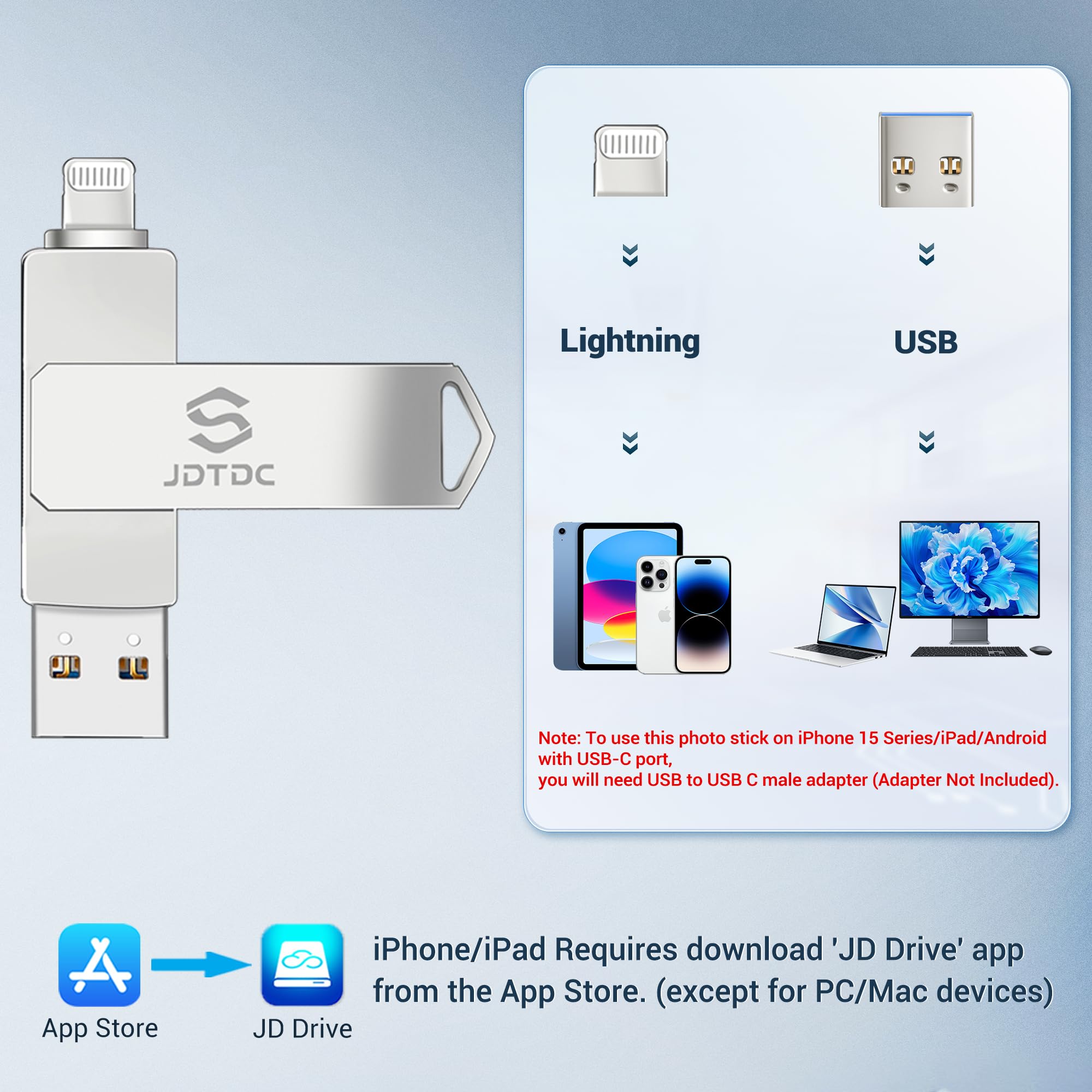 JSL JDTDC iPhone Photo Stick 128GB USB Flash Drive - Silver, MFi Certified Storage for iPhone & iPad
