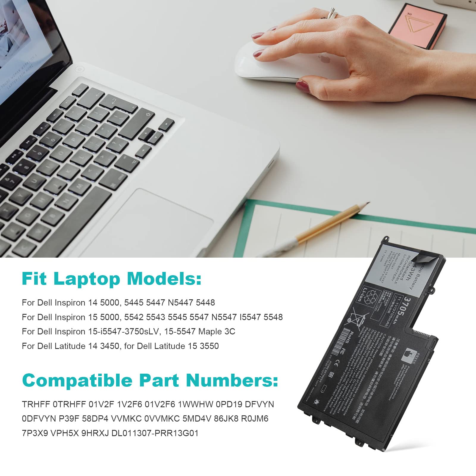 43Wh Trhff Laptop Battery For Dell Inspiron 14 5442 14 5443 14 5445 14 5447 14 5448 14 5457 15 5542 15 5543 15 5545 15 5547 15 5