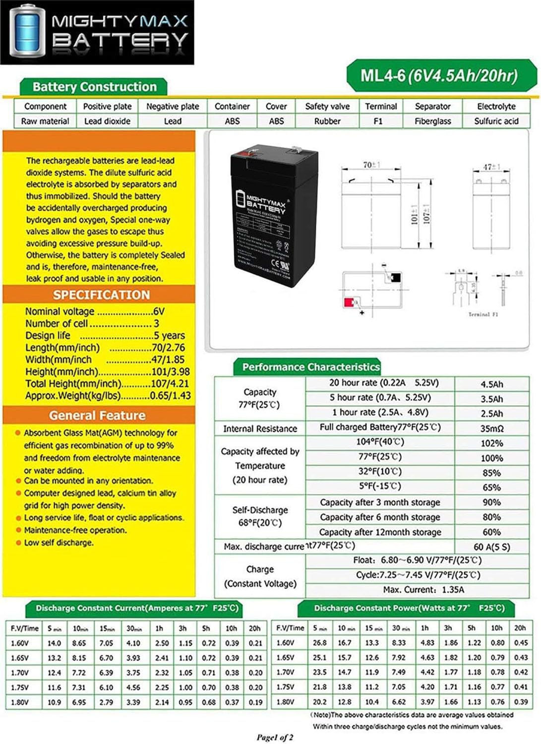 Mighty Max Battery, Ml4 6   6 Volt 4.5 Ah Sla Battery   2 Pack