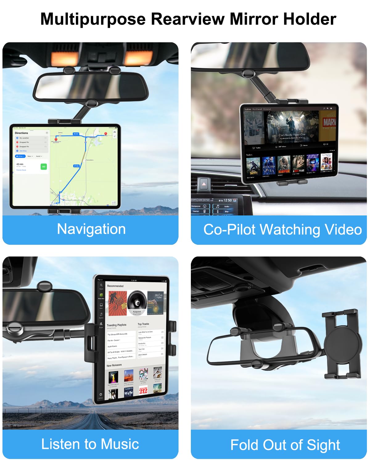 Woleyi Rearview Mirror Tablet Holder For Car, Rear View Mirror Car Tablet Mount, 360 Rotatable Adjustable Universal Tablet Clip