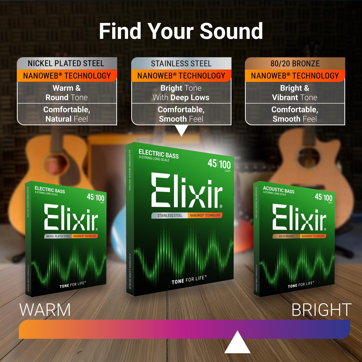 Elixir Strings Stainless Steel 4 String Bass Strings W Nanoweb Coating, Long Scale, Light/Medium (.045 .105)
