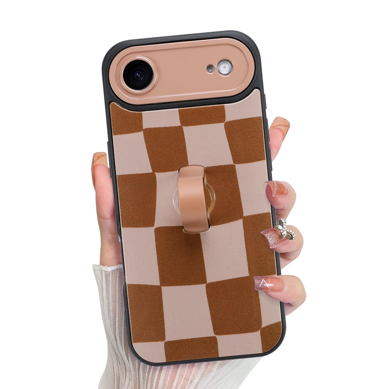 KANGHAR Compatible with iPhone Air Case 2025, Silicone Checkered Cute Pattern, Wristband Kickstand Camera Protection Soft Slim C