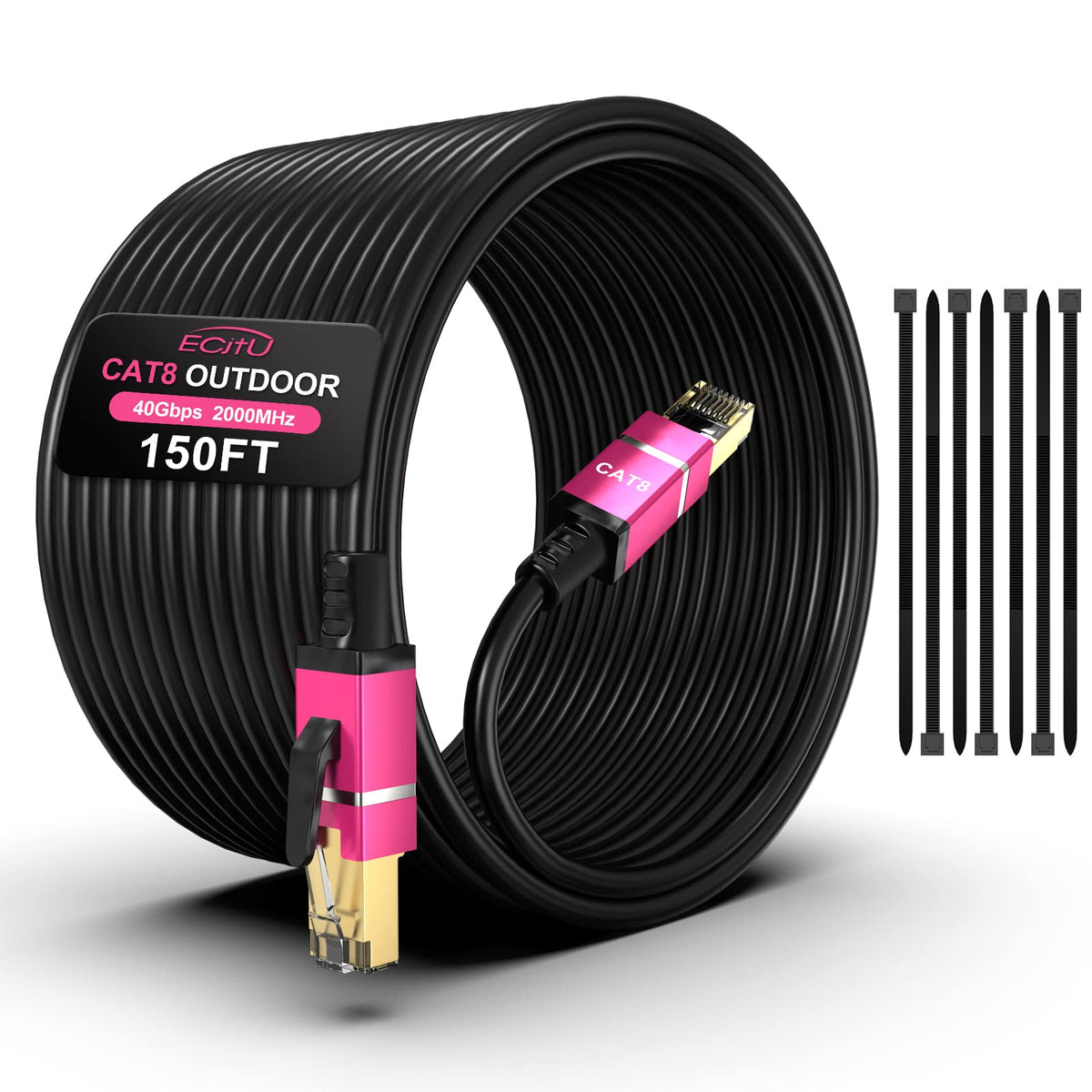 150Ft Cat8 Outdoor Ethernet Cable, In Ground, 26Awg Pure Copper Cat 8, Heavy Duty Direct Burial, Lldpe Uv Jacket, Waterproof, 40Gbps 2000Mhz Sftp Patch Cord, Poe, Network, Internet, With 25 Cable Ties