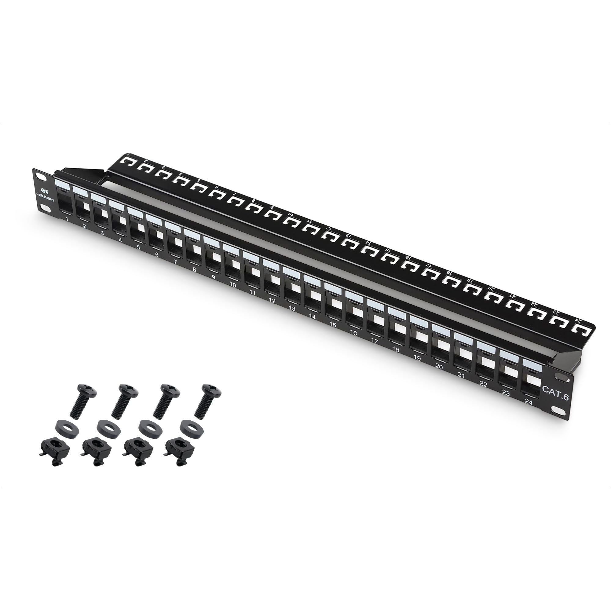 Cable Matters Rackmount or Wall Mount 1U 24 Port Keystone Patch Panel with Cable Management and Support Bar (19 inch Blank Patch Panel for Keystone Jacks/Keystone Panel)