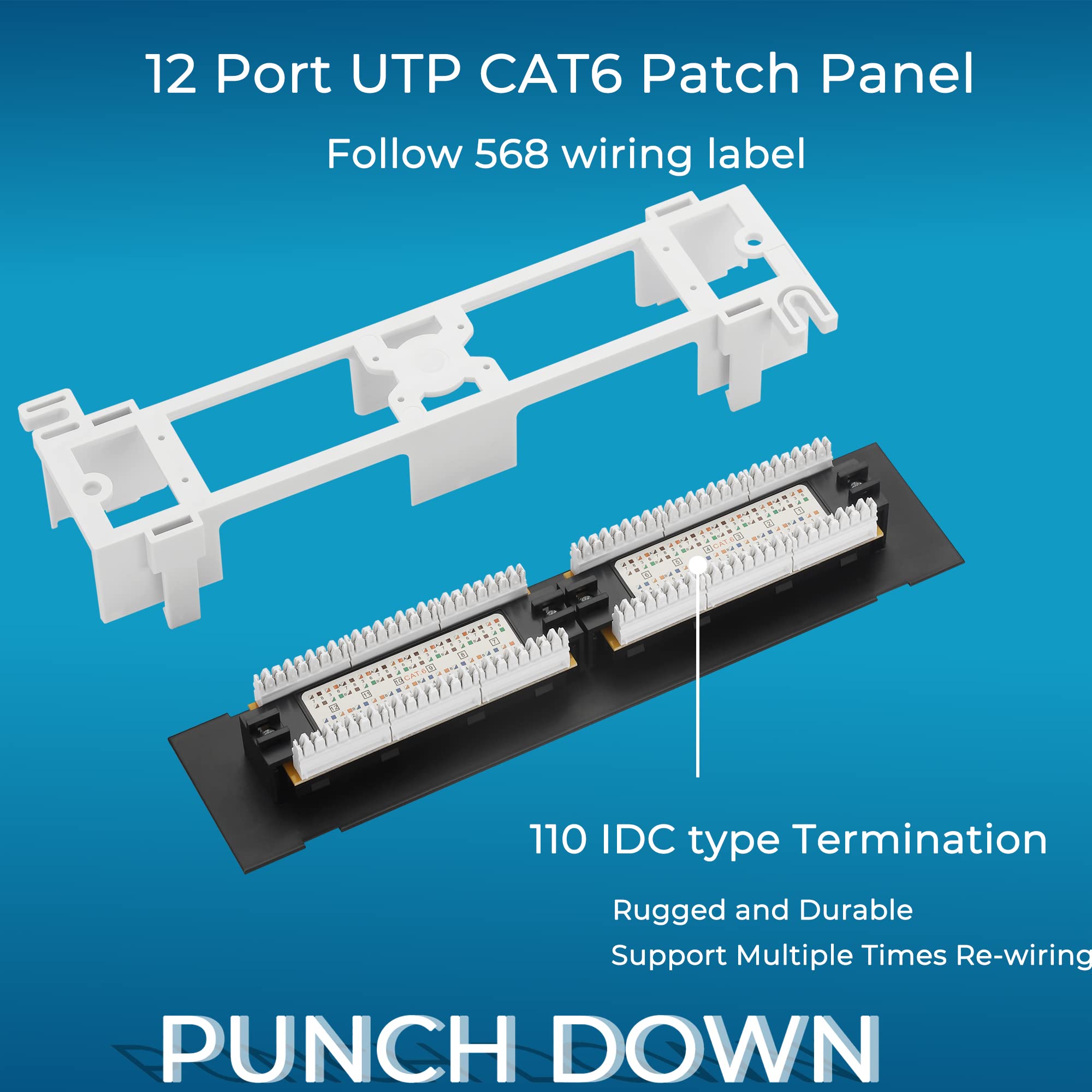 Rapink Patch Panel 12 Port Cat6 10G Support, Network Patch Panel Utp 10 Inch, Wallmount 1U Ethernet Patch Panel Punch Down Block For Cat6, Cat5E, Cat5 Cabling
