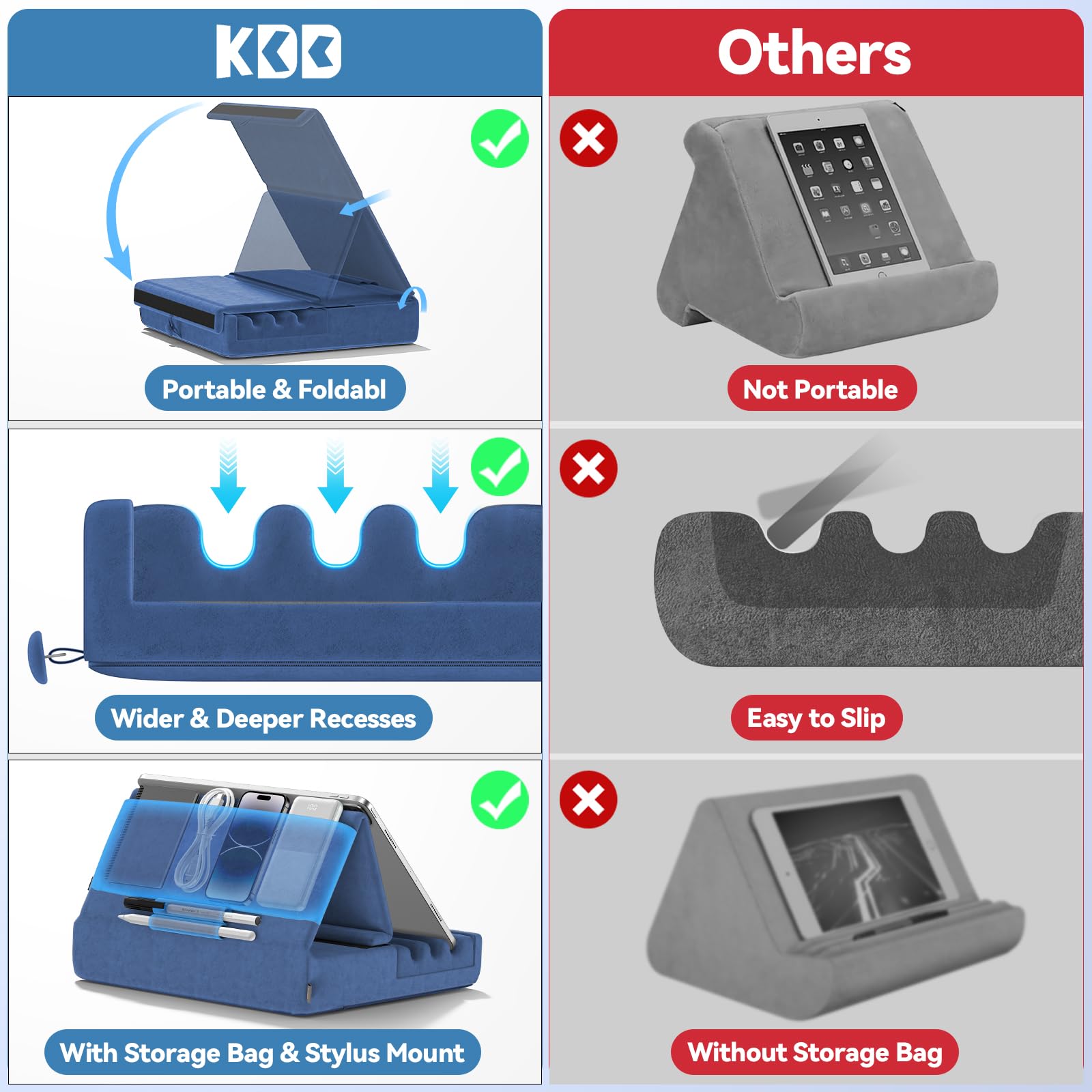 Kdd Tablet Pillow Holder, Foldable Ipad Stand For Lap, Bed And Desk  Tablet Soft Pad Dock With Pocket & Stylus Mount Compatible