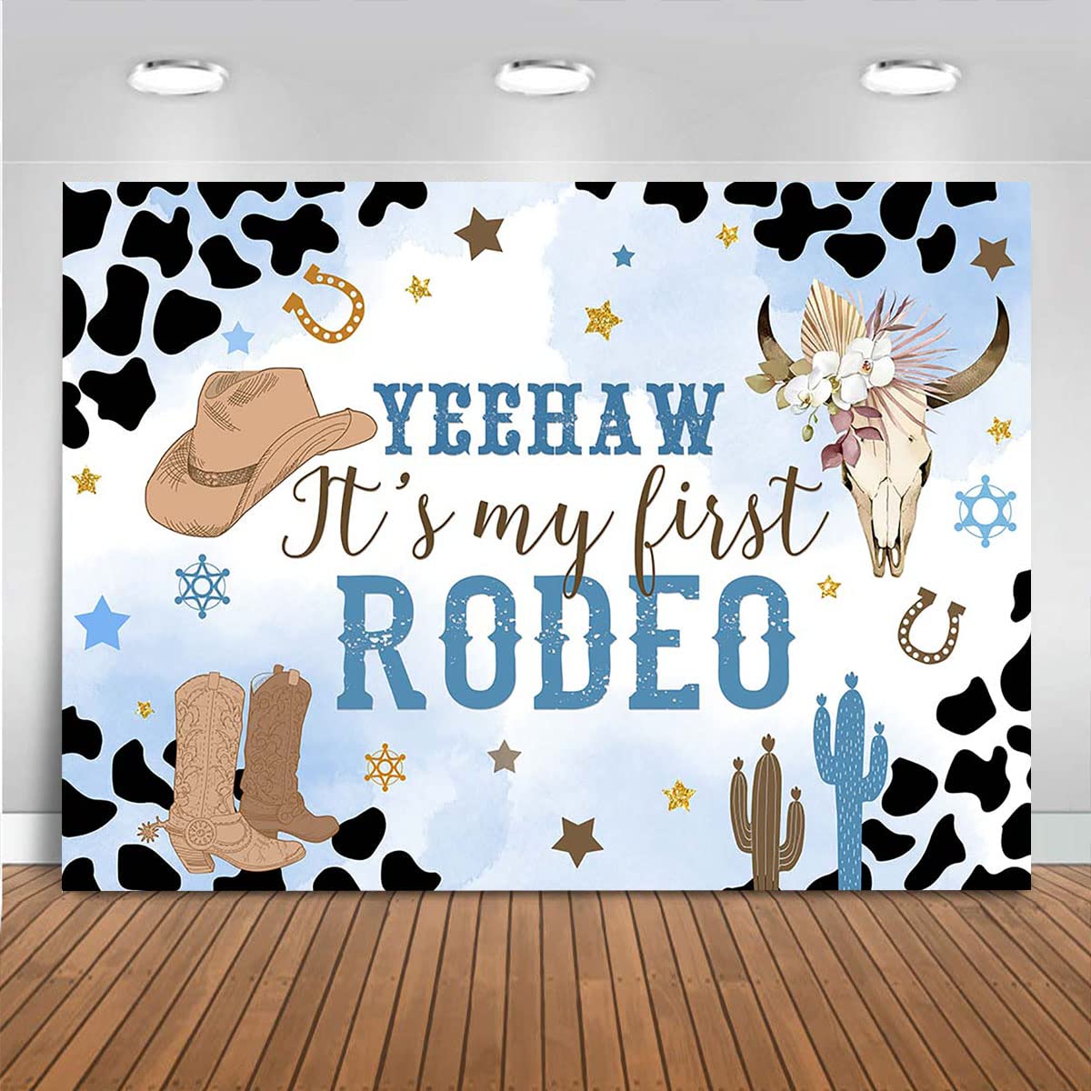Mocsicka Western Cowboy Birthday Backdrop My First Rodeo Party Decorations Boy Wild West Blue Cowboy Birthday Cake Table Banner