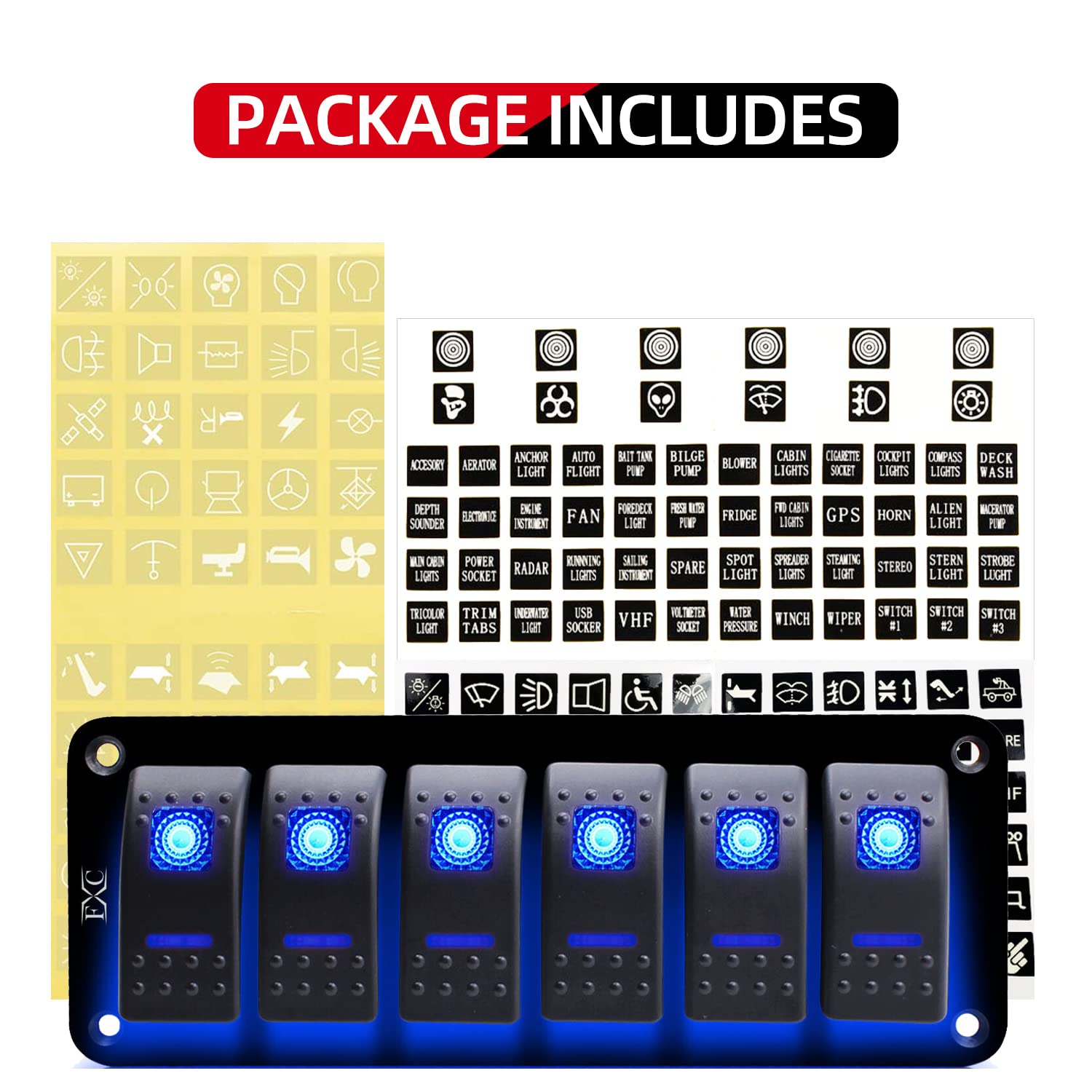 Fxc Boat Marine Switch Panel Waterproof 12V 6 Gang Rocker Switch Panel Blue Dual Led Light Toggle Switch Aluminum Panel Pre-Wire