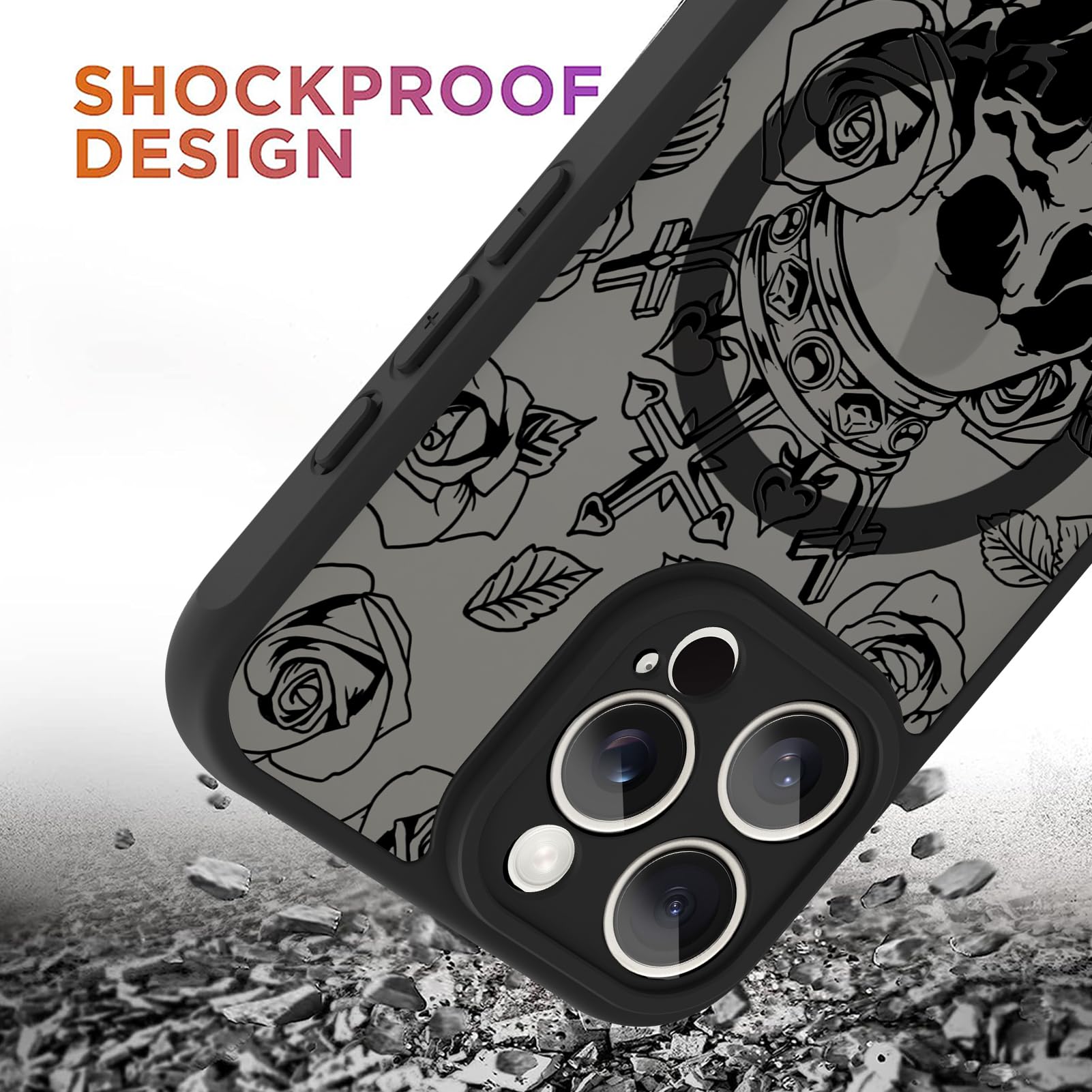 Ook Magnetic For Iphone 16 Pro Max Case [Compatible With Magsafe] Black Skull Flower Slim Translucent Matte Case For Iphone 16 P