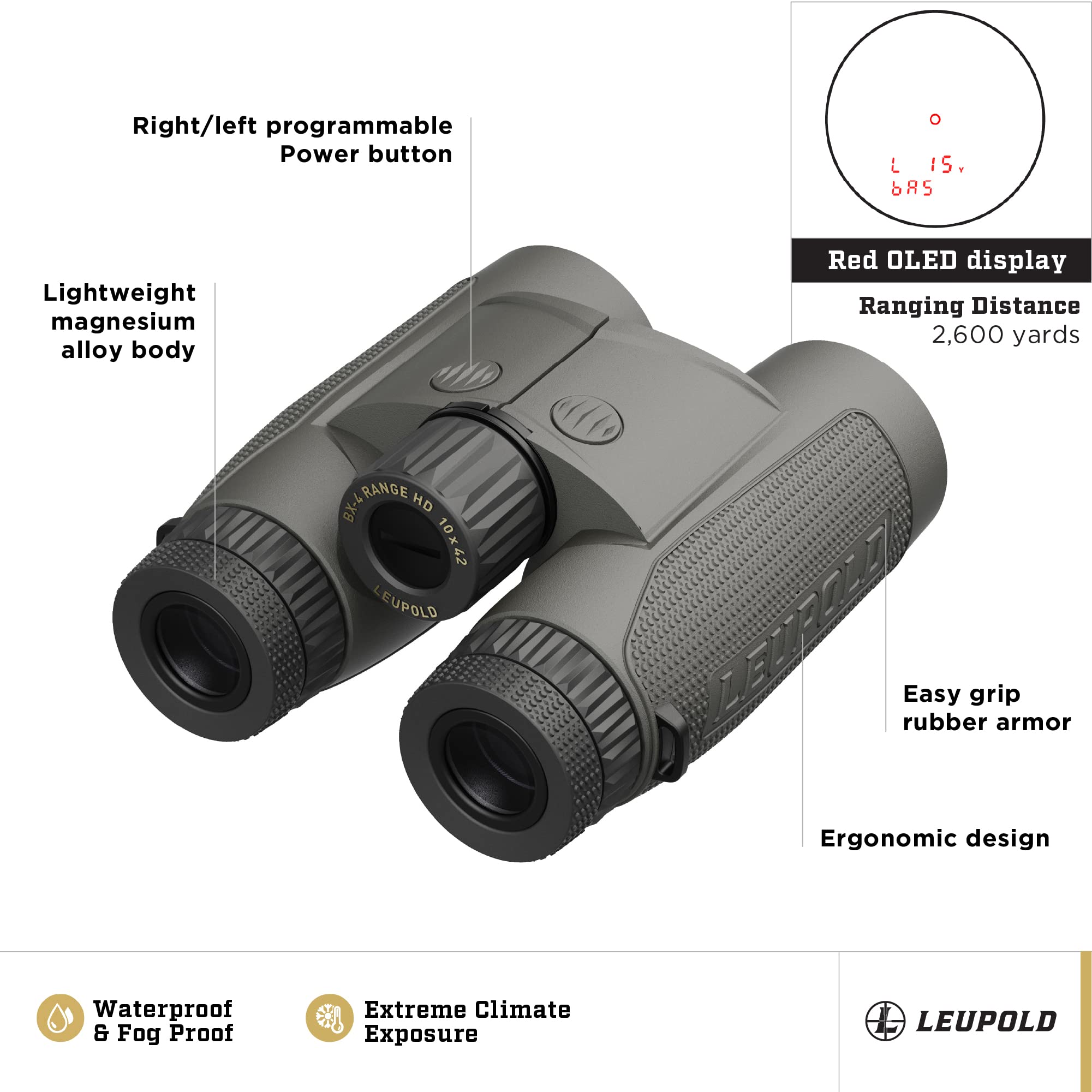 Leupold Bx 4 Range Hd Tbr/W 10X42Mm Range Finding Binocular Shadow Gray (182883)