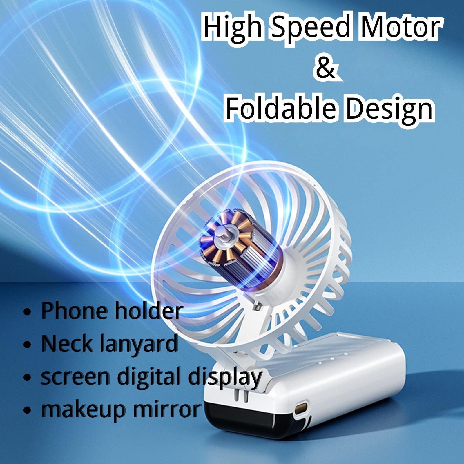 Roloxye Portable Fan Handheld Fan, 6000Mah 180 Foldable Multi Function Fan, 5 Speeds, Digital Display, Ultra Quite, Up To 16H Lo