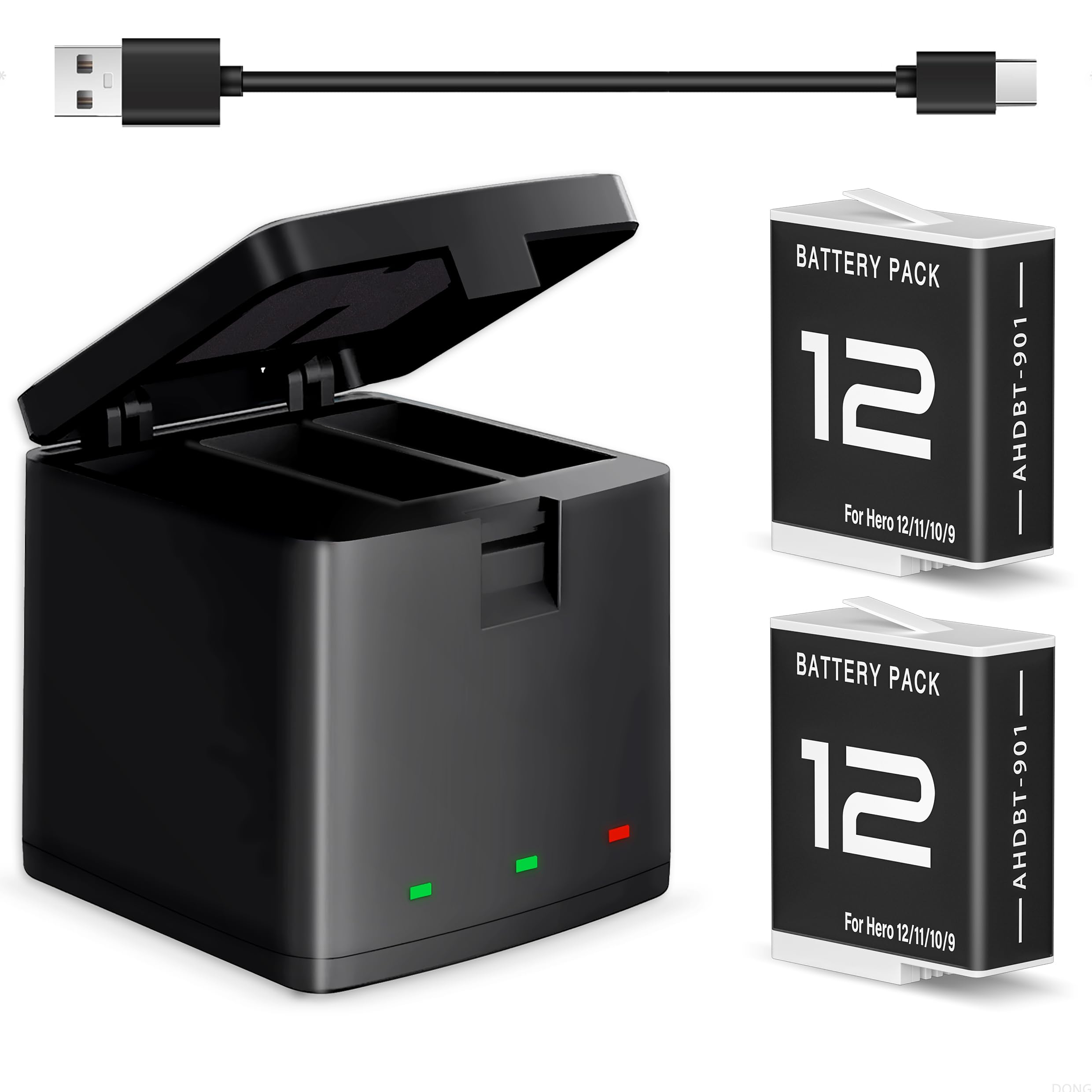 Dongni Hero 12 Battery Replacement For Gopro Hero 12 Hero 11 Hero 10 Hero 9 Black Camera 2 Pack And 3 Channel Usb Battery Charge