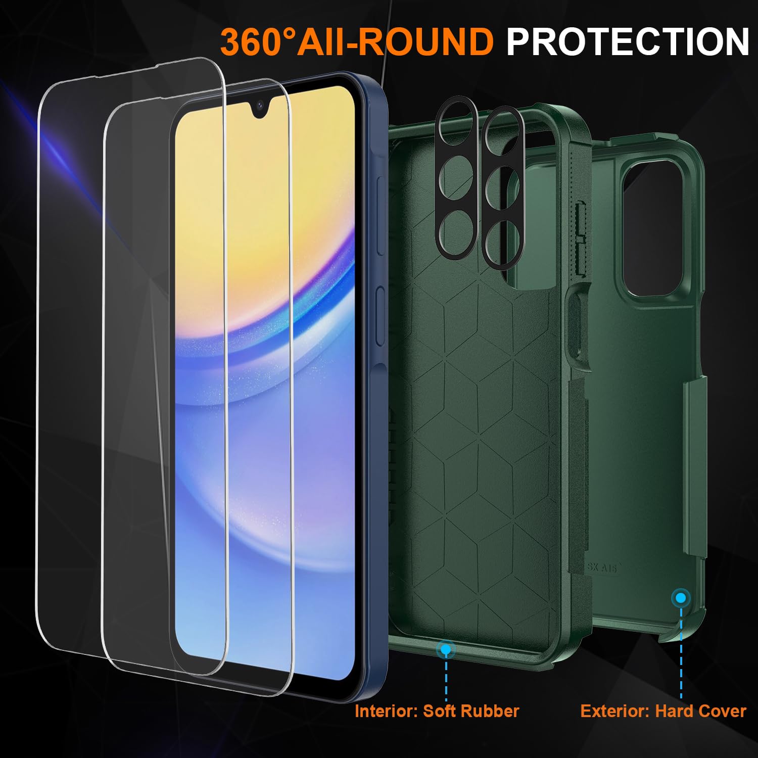 Ezanmull For Samsung Galaxy A15 5G Phone Case, [15 Ft Military Grade Drop Protection] [Glass Screen Protector + Camera Lens Prot