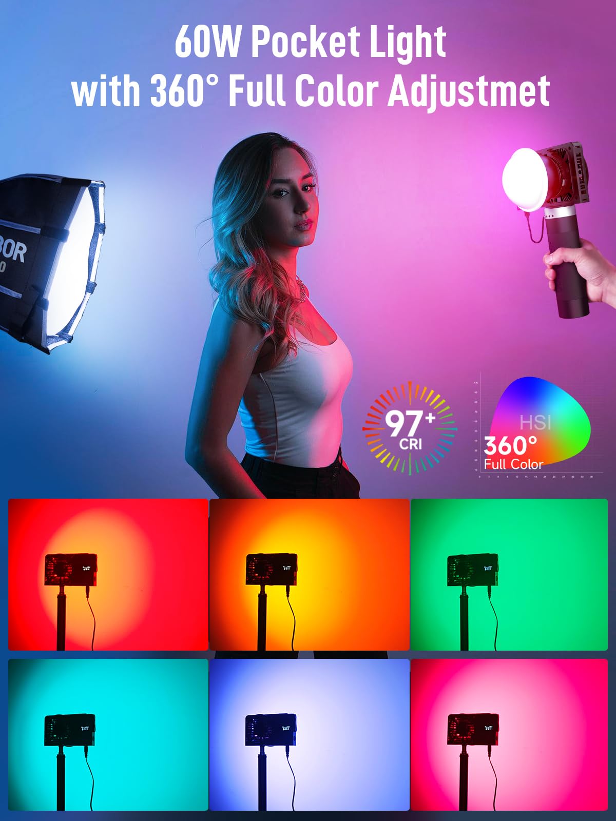 Video Light Rgb, Colbor W60R Rgb Cob Continuous Output Lighting 60W 2700 6500K Full Color Led Studio Light Cri97+ Tlci98+ With A