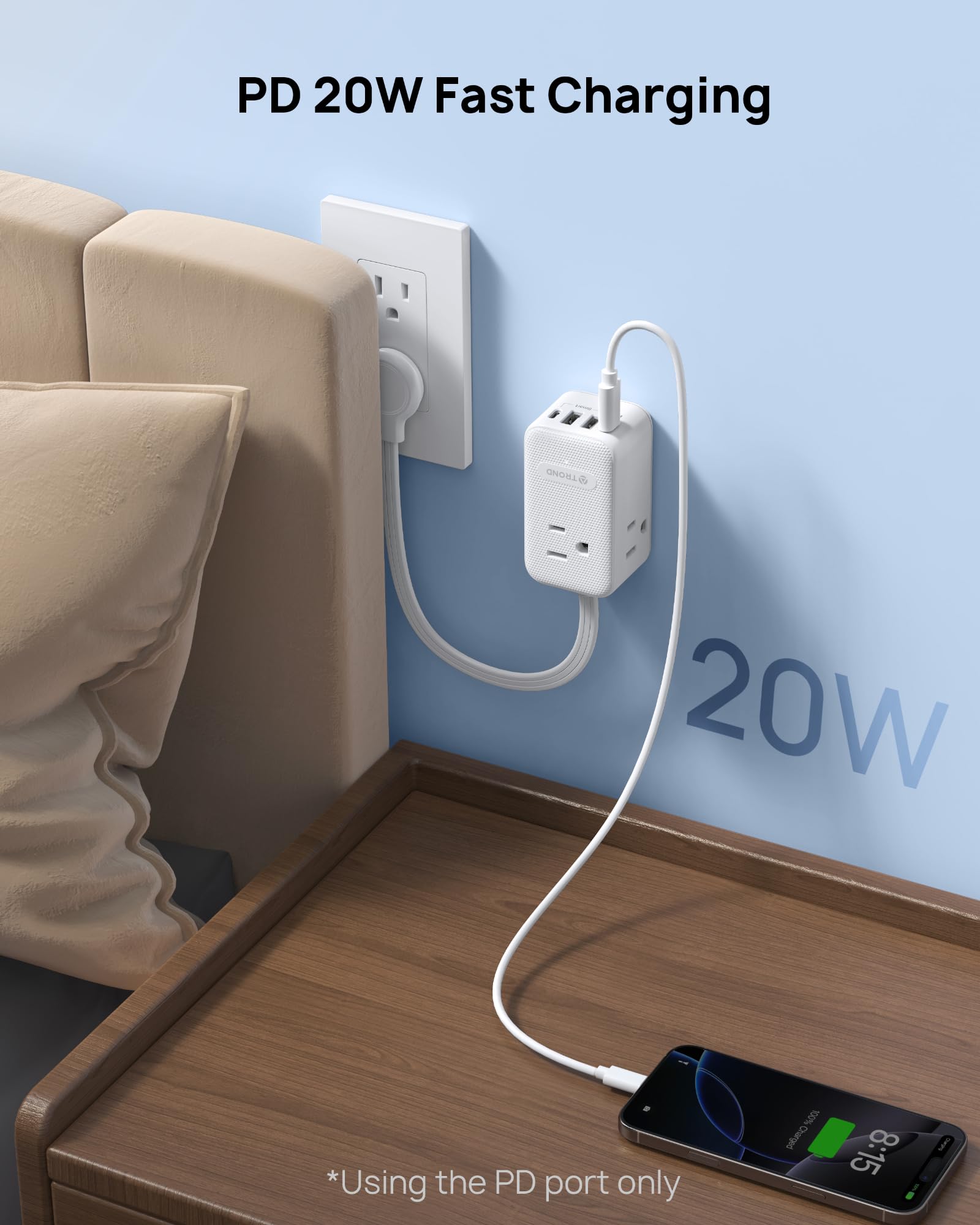 Trond Outlet Extender With 6 Inch Cord   Multi Plug Wall Outlet With Pd 20W Usb C Plug Adapter, Ultra Short Extension Cord, 3 Wa