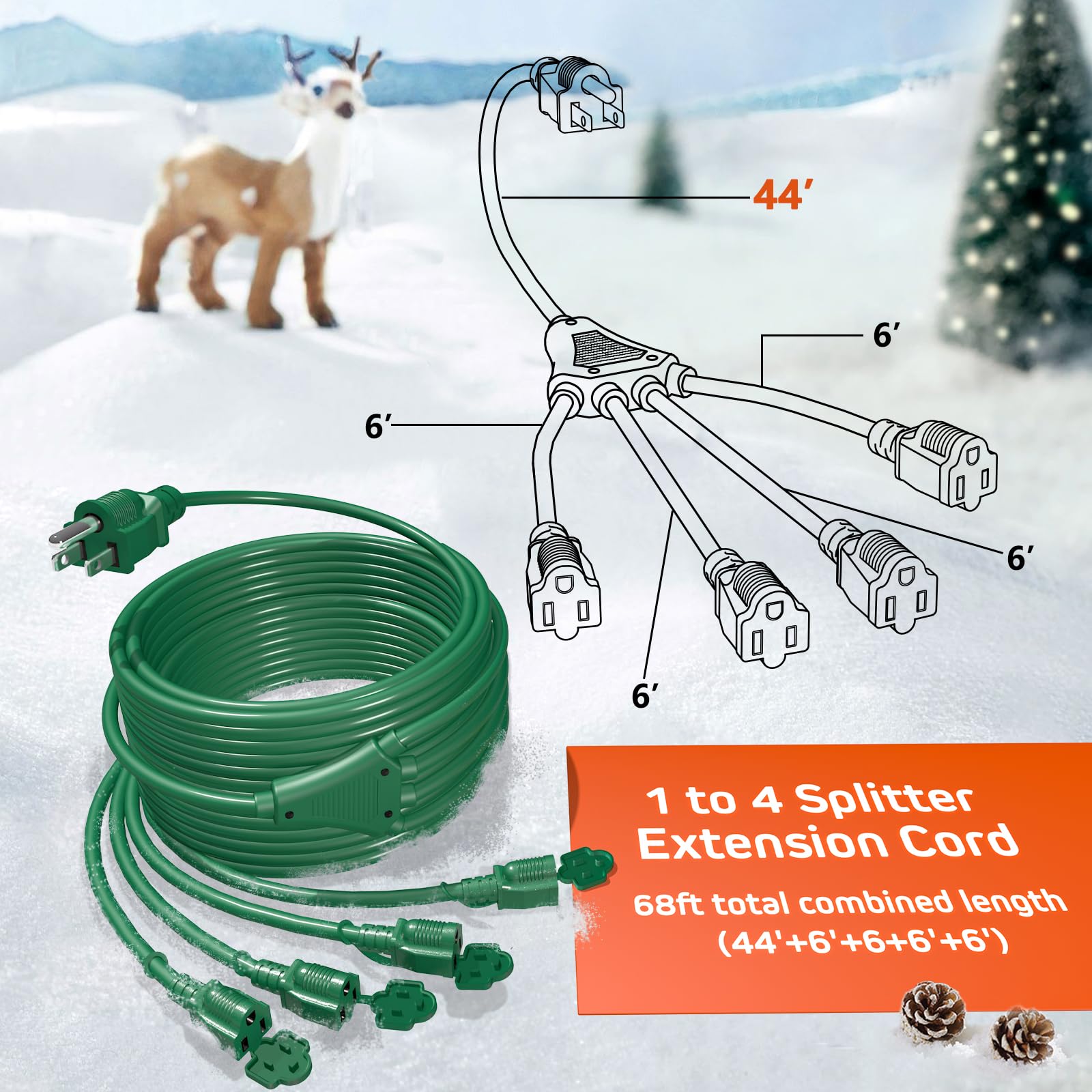 Eversimpleinc 1 To 4 Splitter Extension Cord (Combined 68 Ft, End To End 50 Ft), 3 Prong Plug With 4 Outlets With Weatherproof C