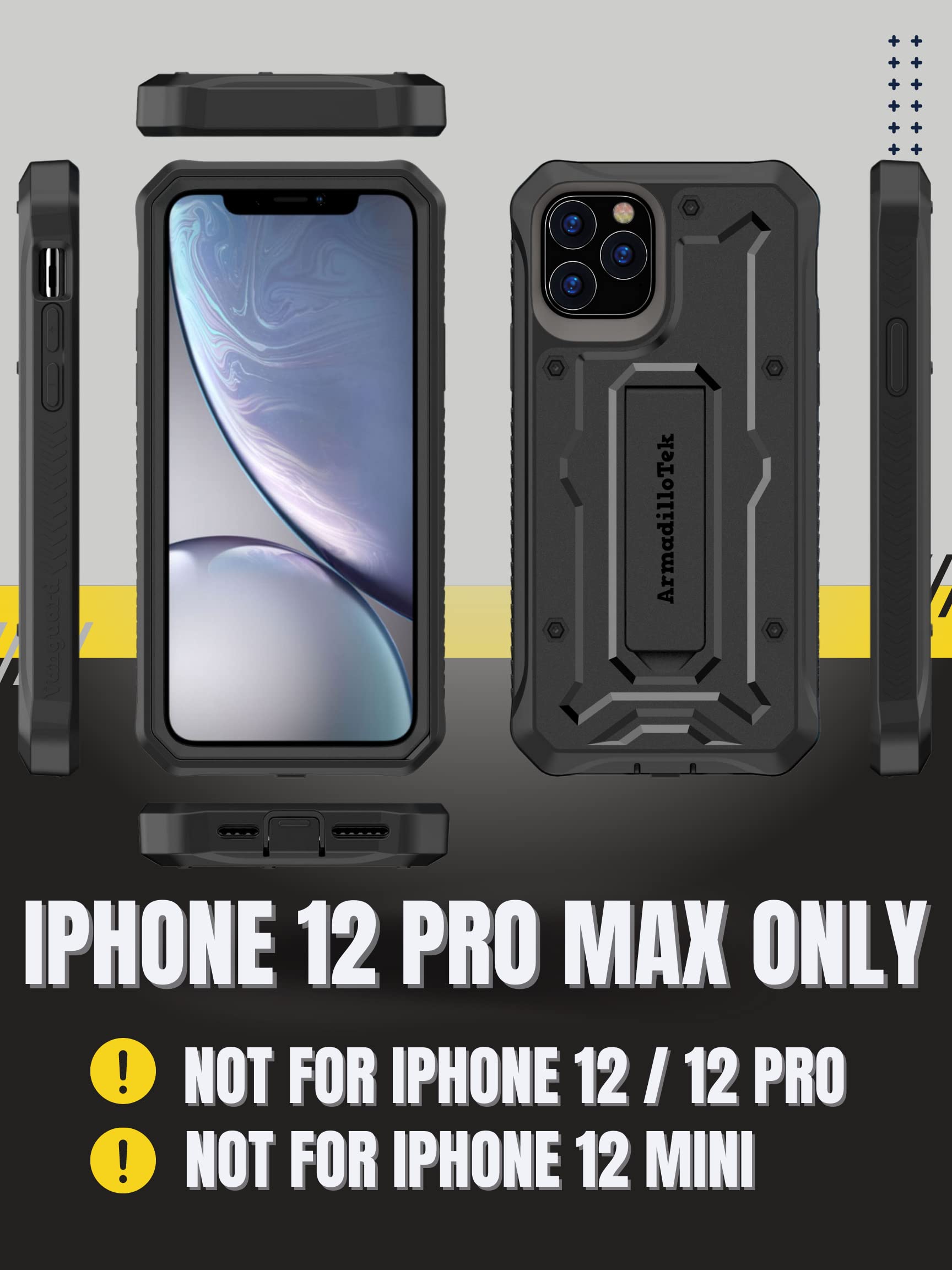 ArmadilloTek Vanguard Military Grade Full-Body Rugged Phone Case for iPhone 12 Pro Max (6.7 inches) with Screen Protector & Kickstand - Black