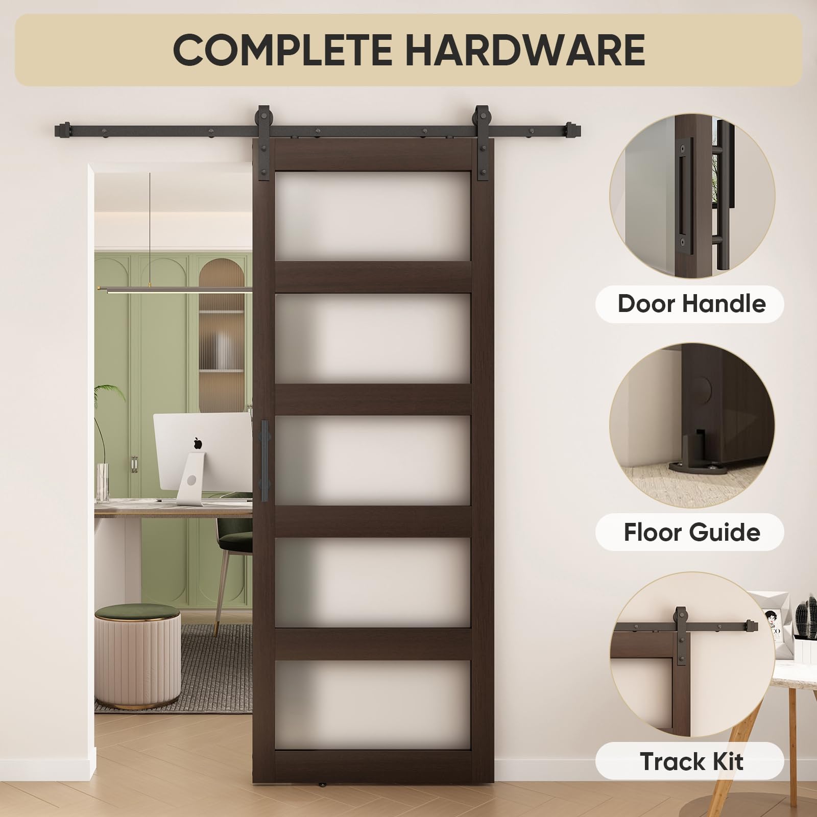 Barnsmith 36In X 96In Glass Barn Door And 6.6Ft Sliding Door Hardware Included, 5 Panel Frosted Glass Sliding Barn Door, Solid W