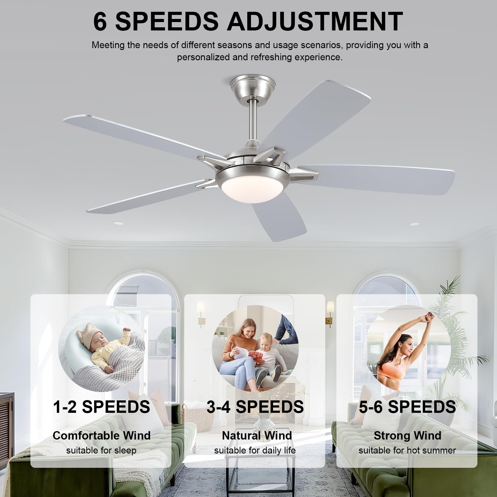 Kviflon 52 Inch Ceiling Fans With Lights And Remote, Modern Indoor Outdoor Ceiling Fan For Bedroom Living Room Patio Porch, 6 Sp